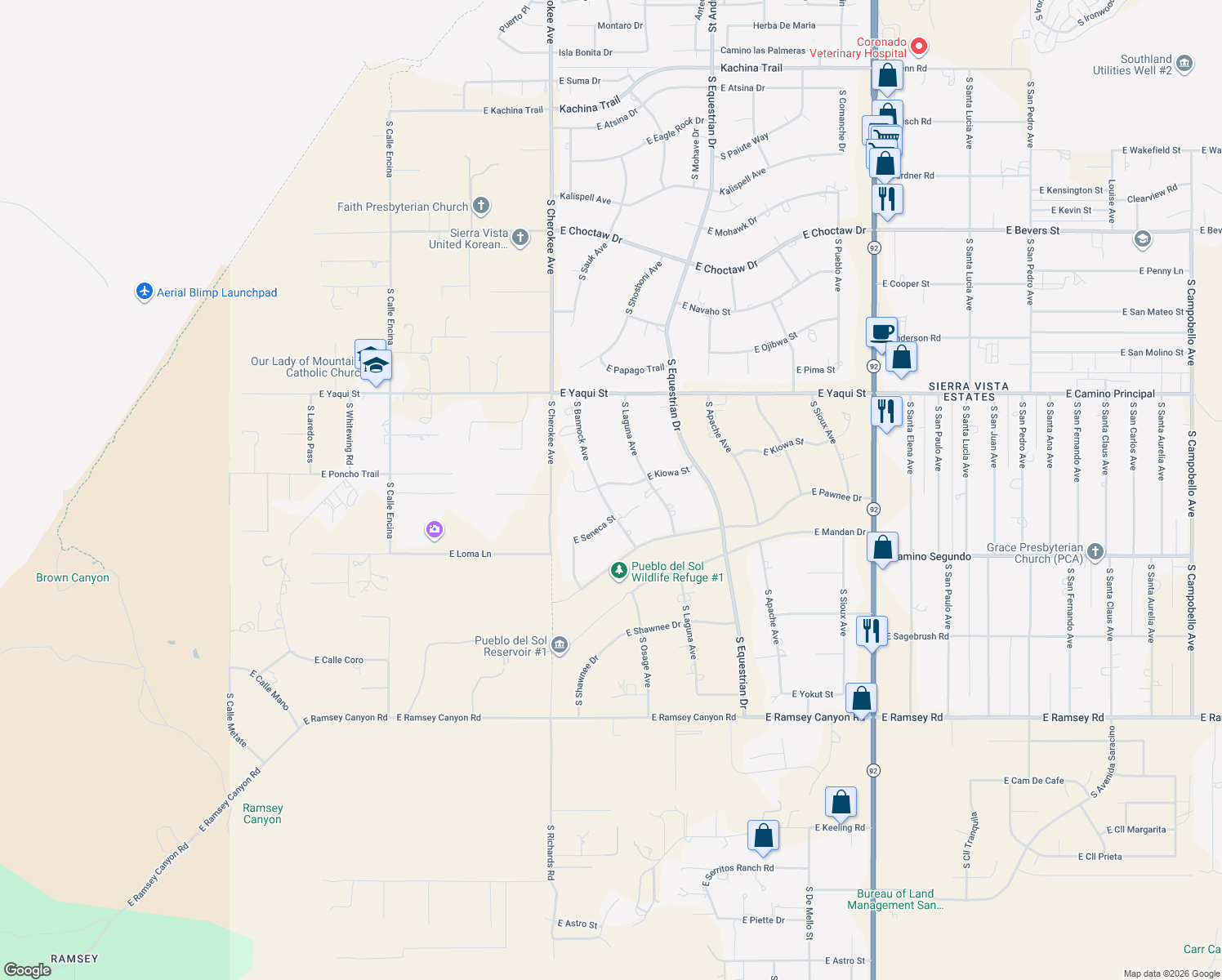 map of restaurants, bars, coffee shops, grocery stores, and more near 5031 South Bannock Avenue in Sierra Vista