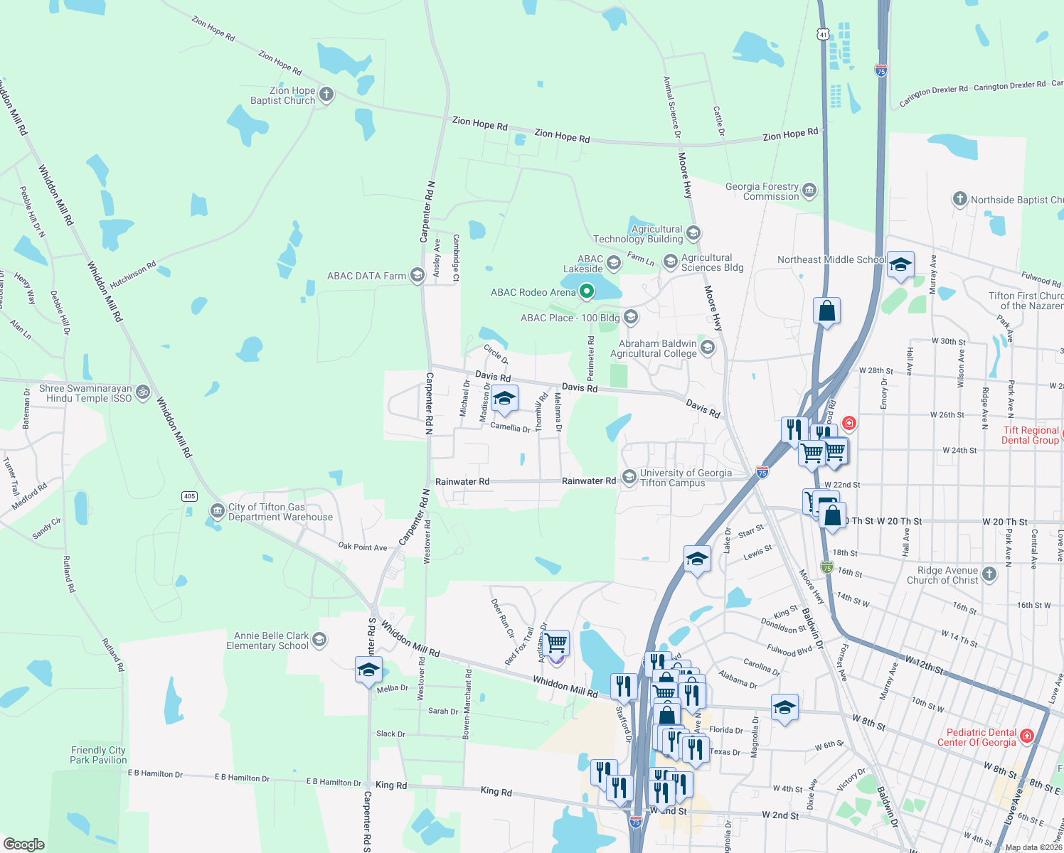 map of restaurants, bars, coffee shops, grocery stores, and more near 2601 Camellia Drive in Tifton