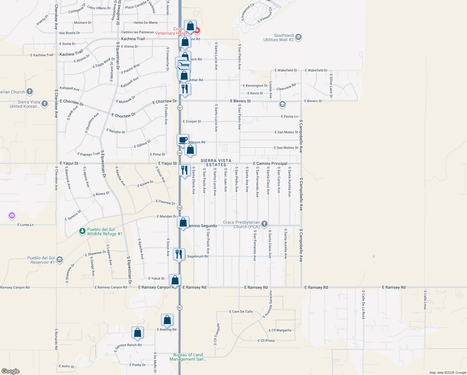 map of restaurants, bars, coffee shops, grocery stores, and more near 4938 South San Pedro Avenue in Sierra Vista