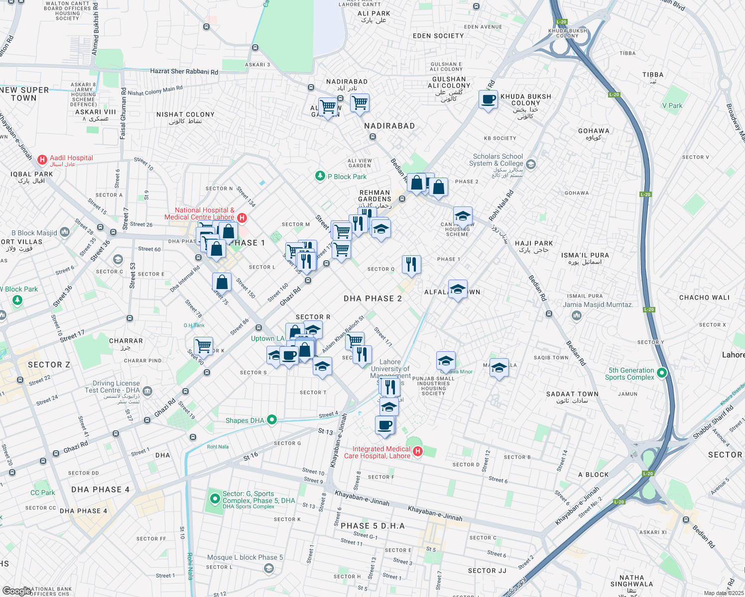 map of restaurants, bars, coffee shops, grocery stores, and more near in Lahore