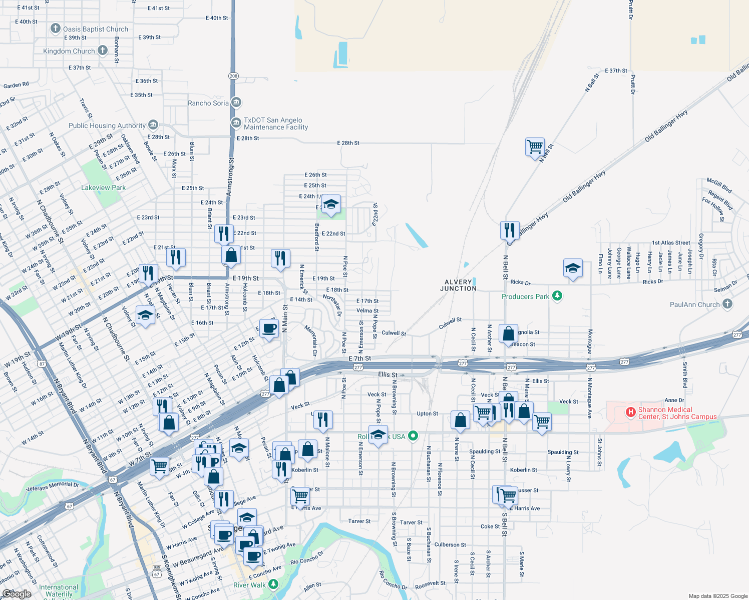 map of restaurants, bars, coffee shops, grocery stores, and more near 1498 E 17th St in San Angelo