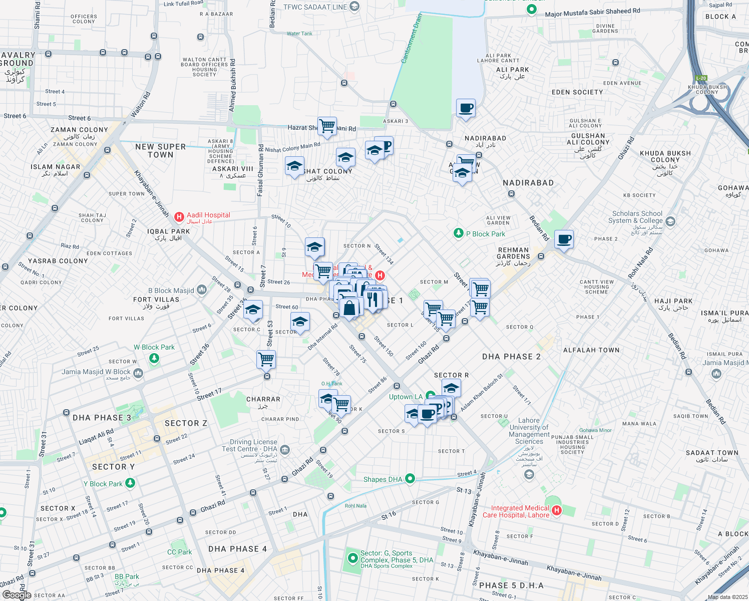 map of restaurants, bars, coffee shops, grocery stores, and more near in Lahore