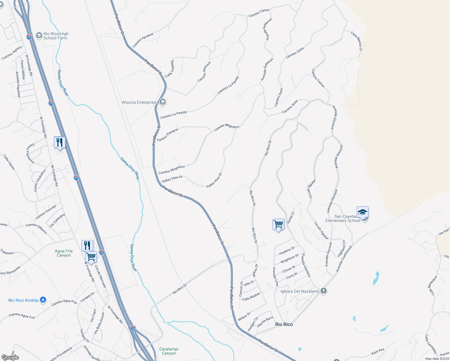 map of restaurants, bars, coffee shops, grocery stores, and more near 334 Camino Soza in Rio Rico