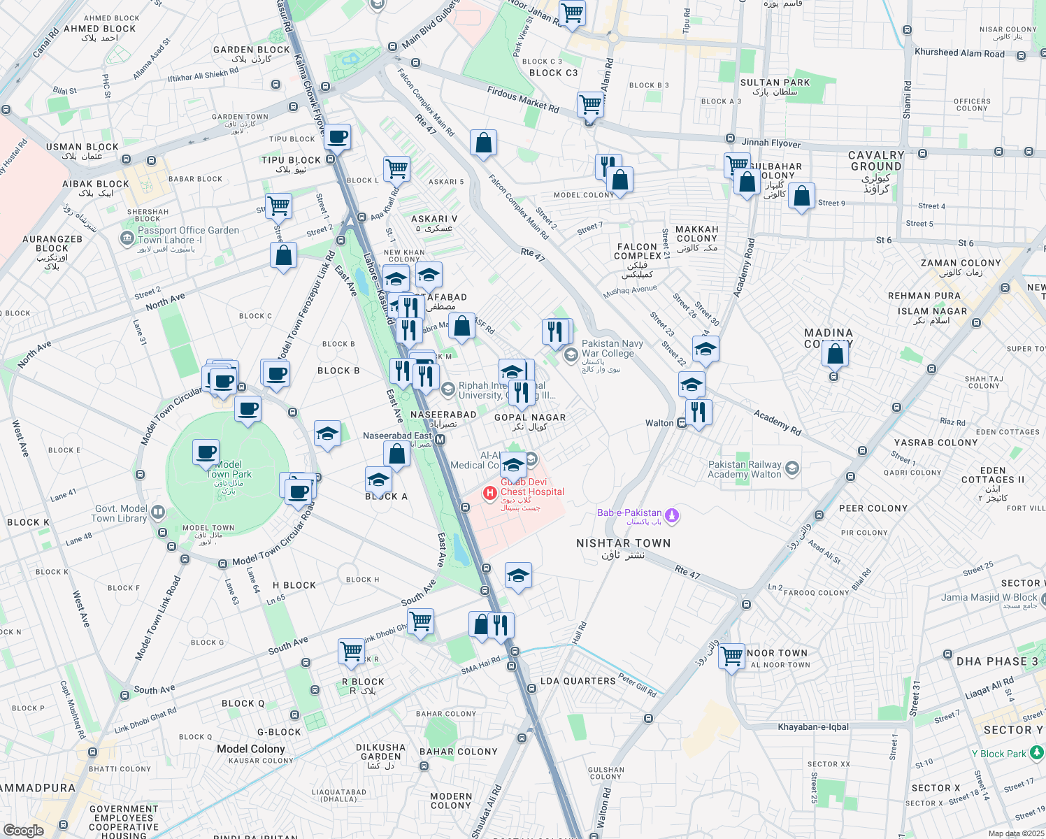 map of restaurants, bars, coffee shops, grocery stores, and more near Gopal Nagar Main Bazar in Lahore