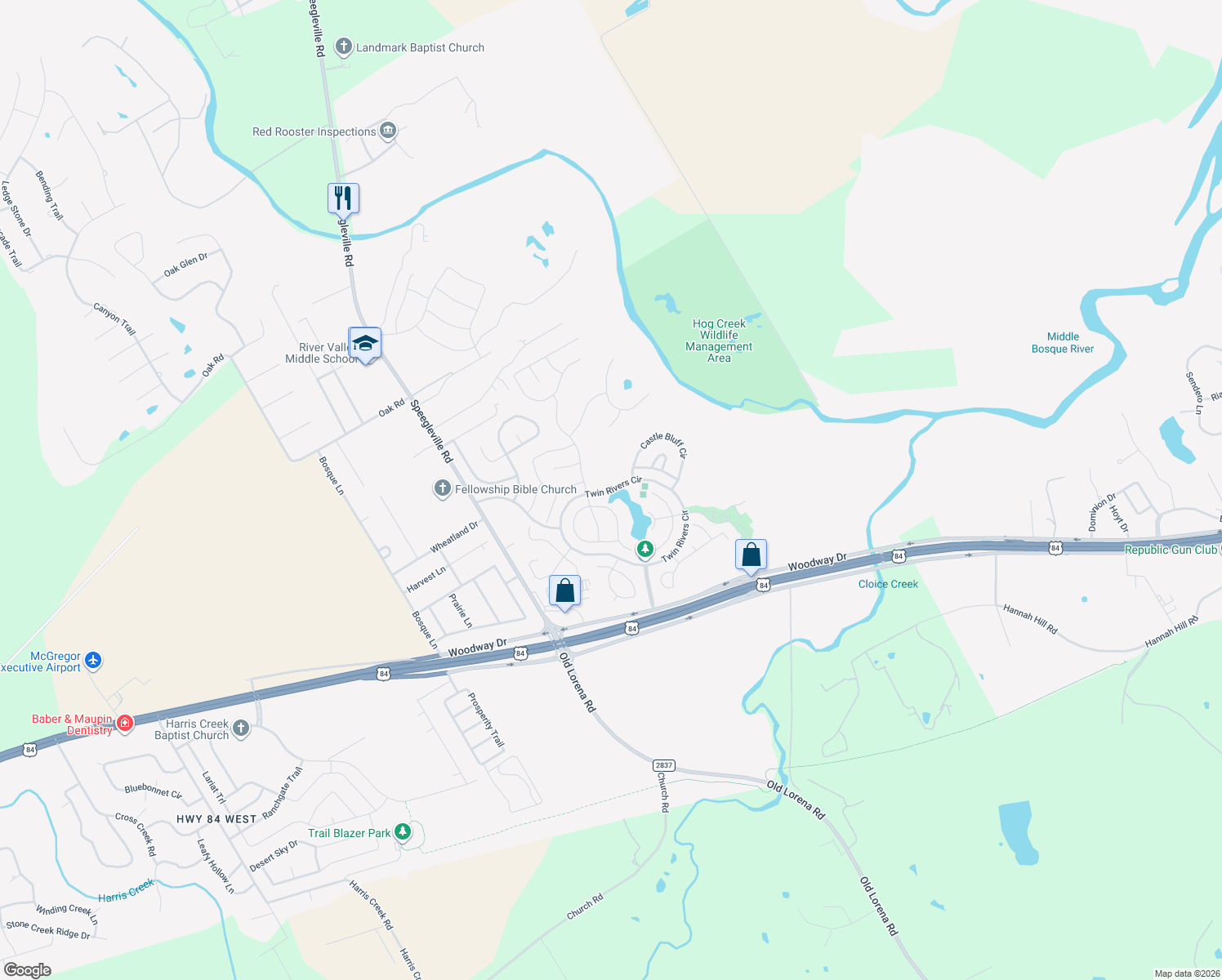 map of restaurants, bars, coffee shops, grocery stores, and more near Twin Rivers Cir in Waco