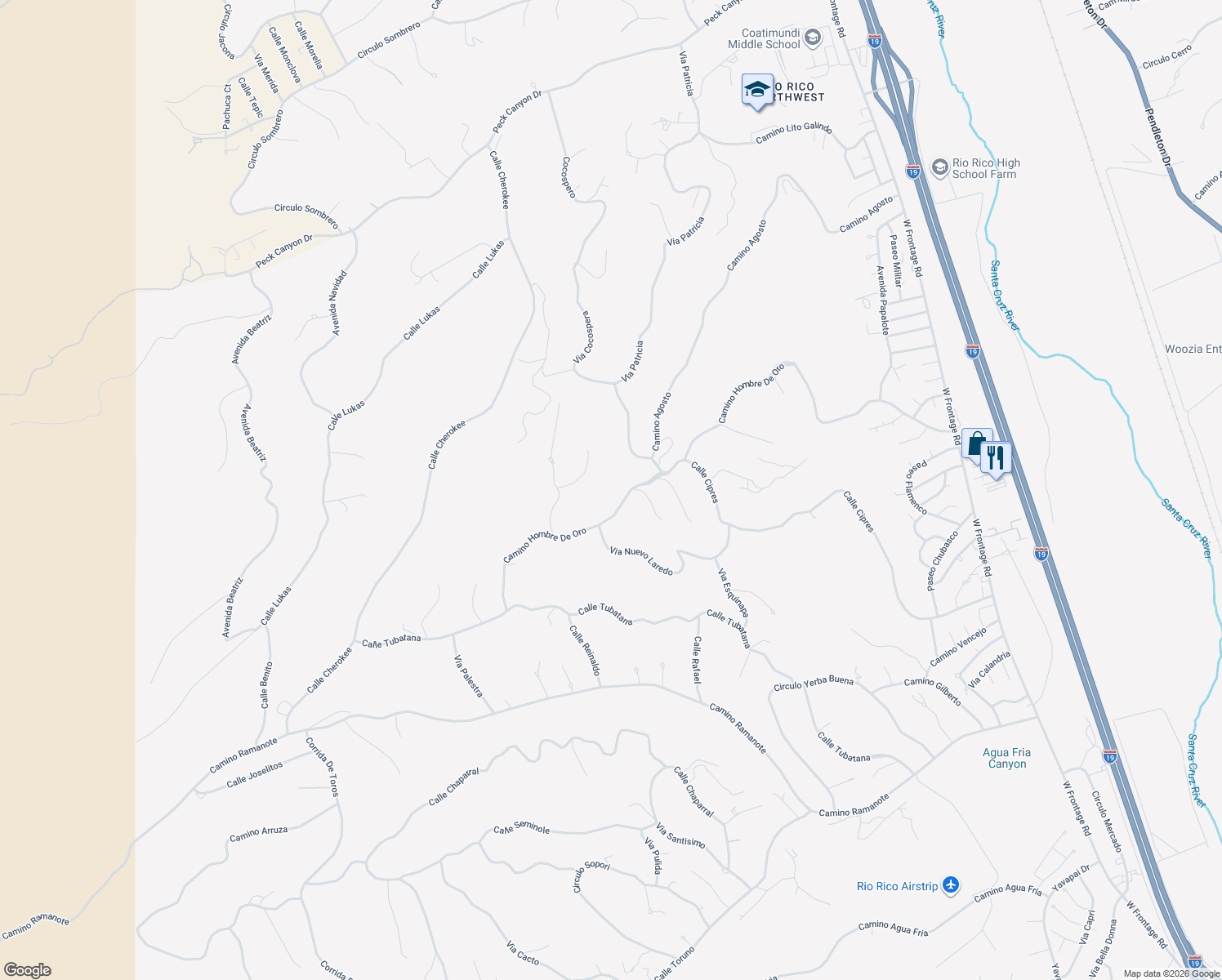 map of restaurants, bars, coffee shops, grocery stores, and more near 504 Camino Hombre De Oro in Rio Rico