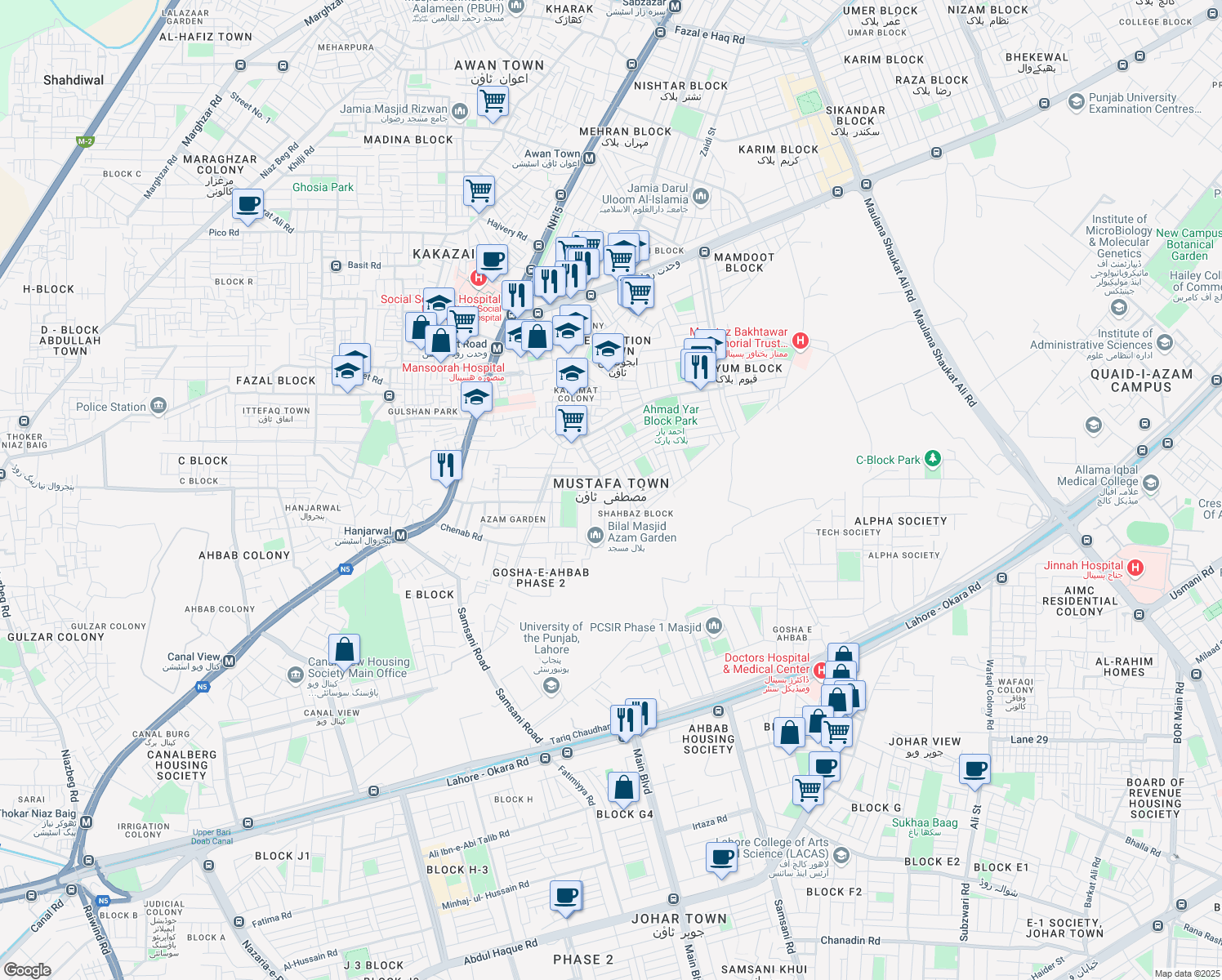 map of restaurants, bars, coffee shops, grocery stores, and more near in Lahore
