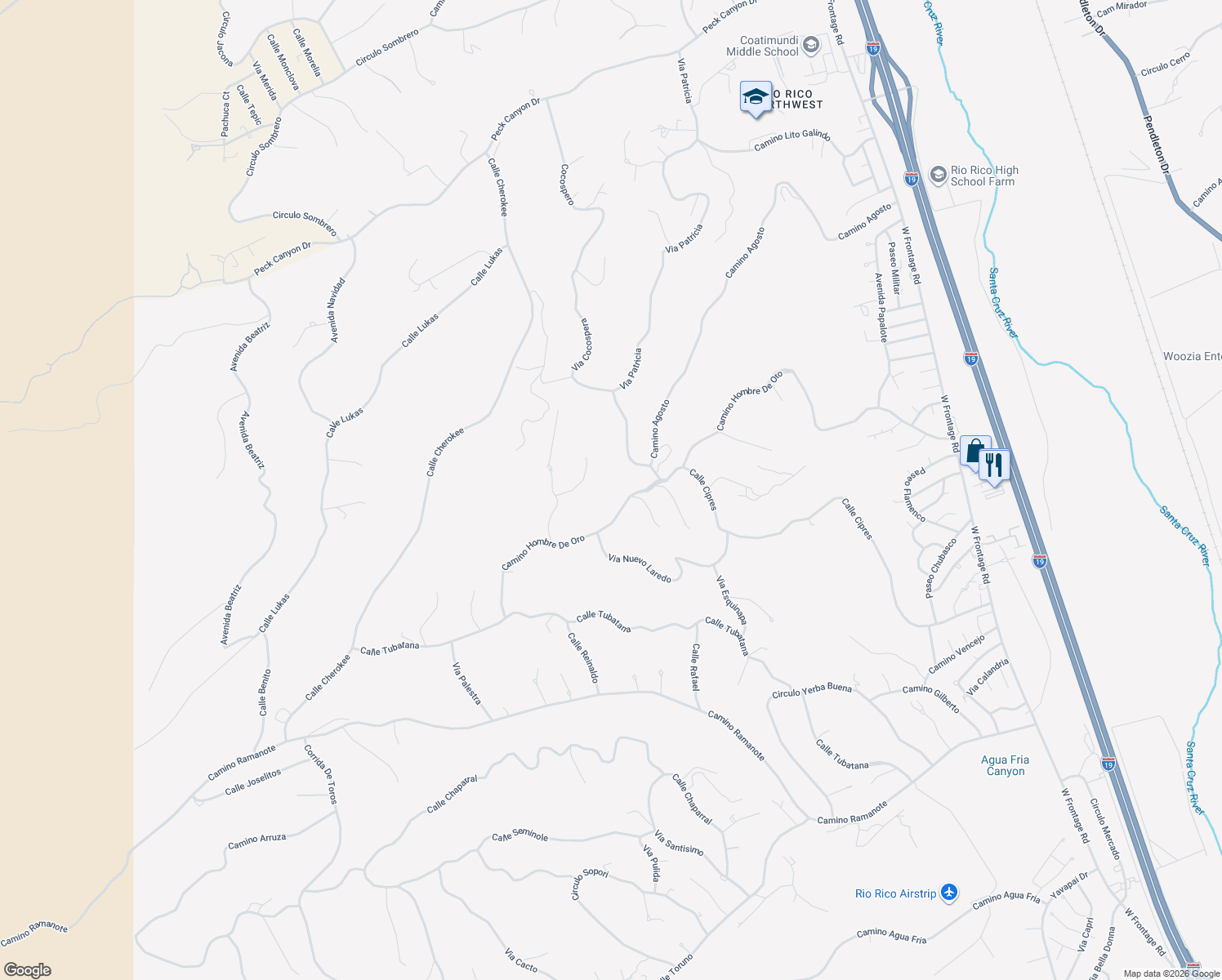 map of restaurants, bars, coffee shops, grocery stores, and more near 504 Camino Hombre De Oro in Rio Rico