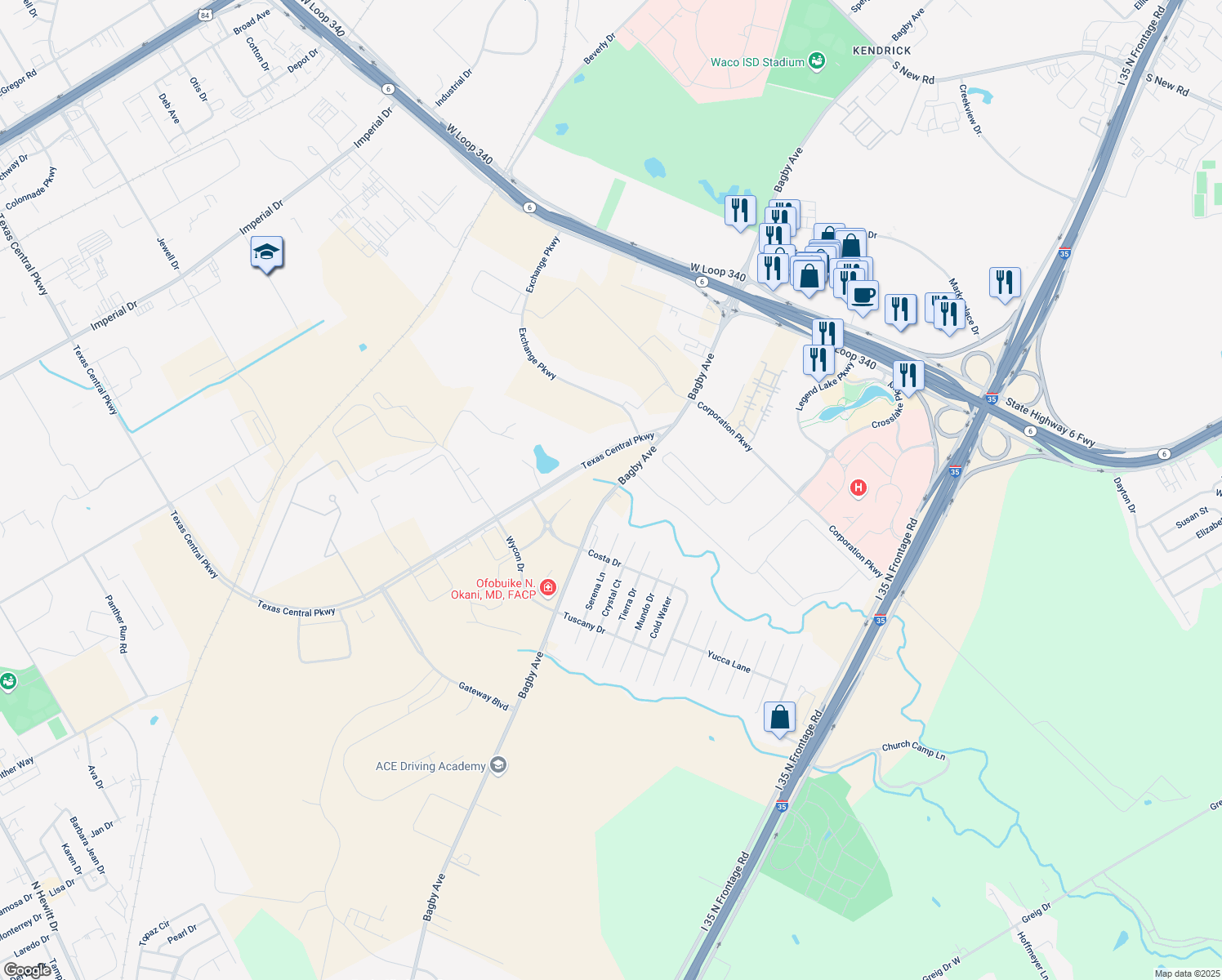 map of restaurants, bars, coffee shops, grocery stores, and more near 7501 Bagby Avenue in Woodway