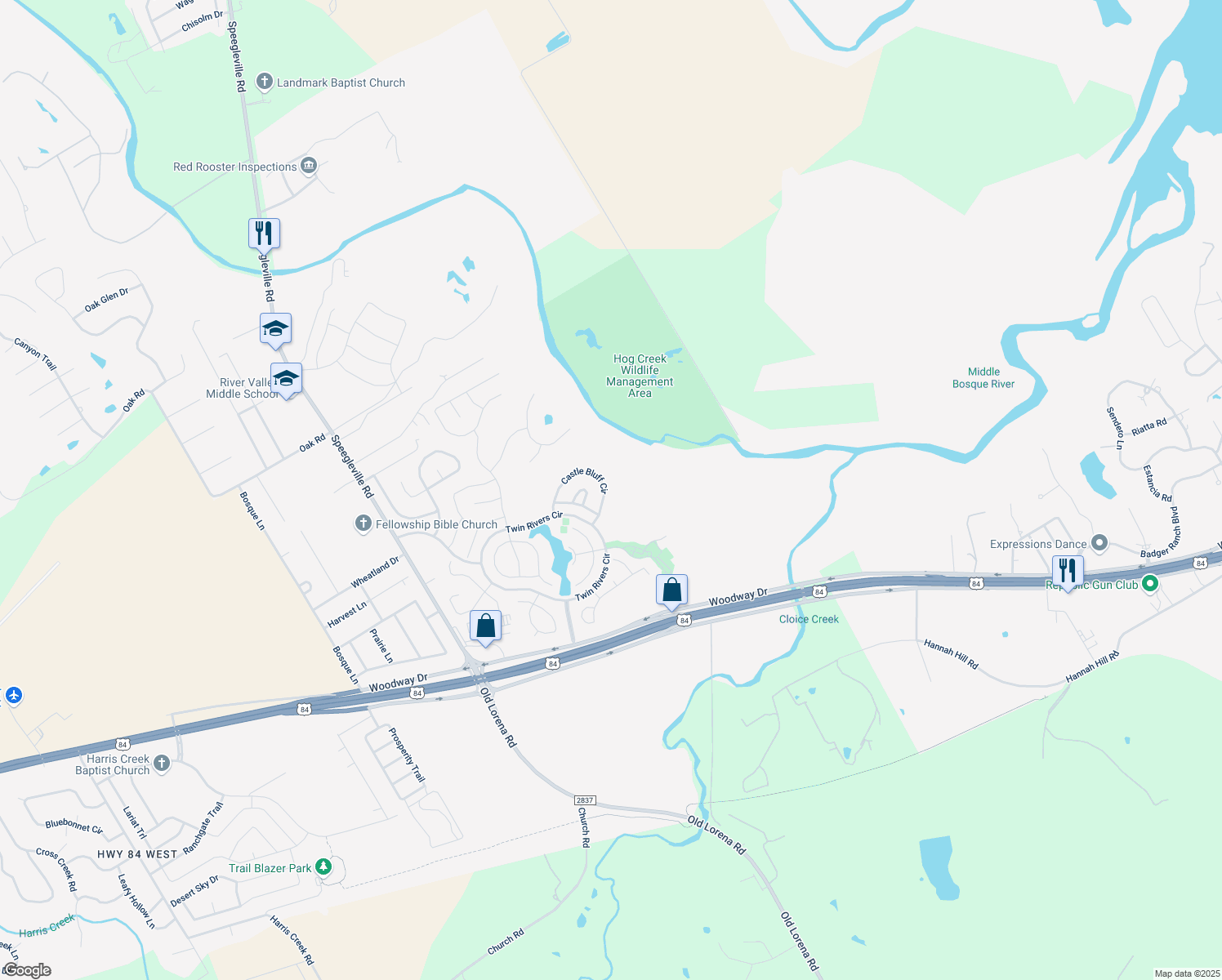 map of restaurants, bars, coffee shops, grocery stores, and more near 1113 Castle Bluff Cir in Woodway