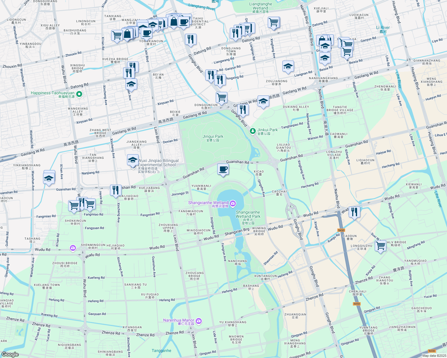 map of restaurants, bars, coffee shops, grocery stores, and more near in Wuxi