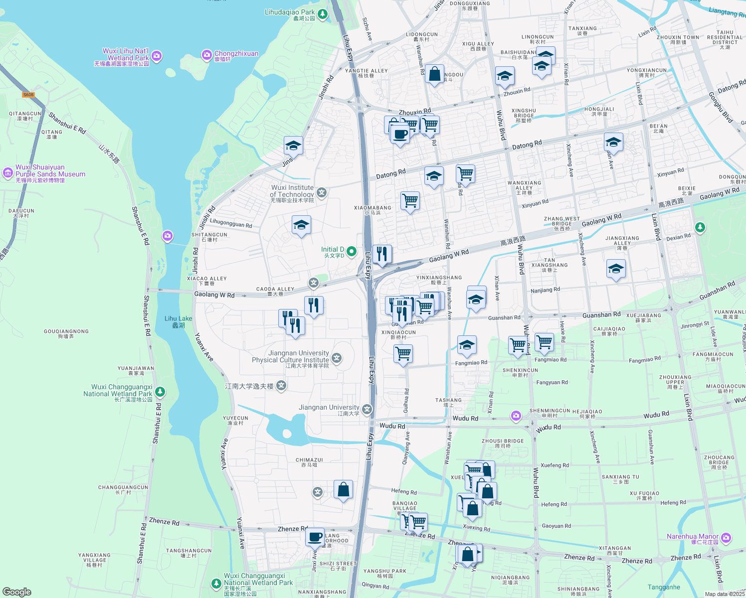 map of restaurants, bars, coffee shops, grocery stores, and more near Li Hu Da Dao in Wuxi Shi