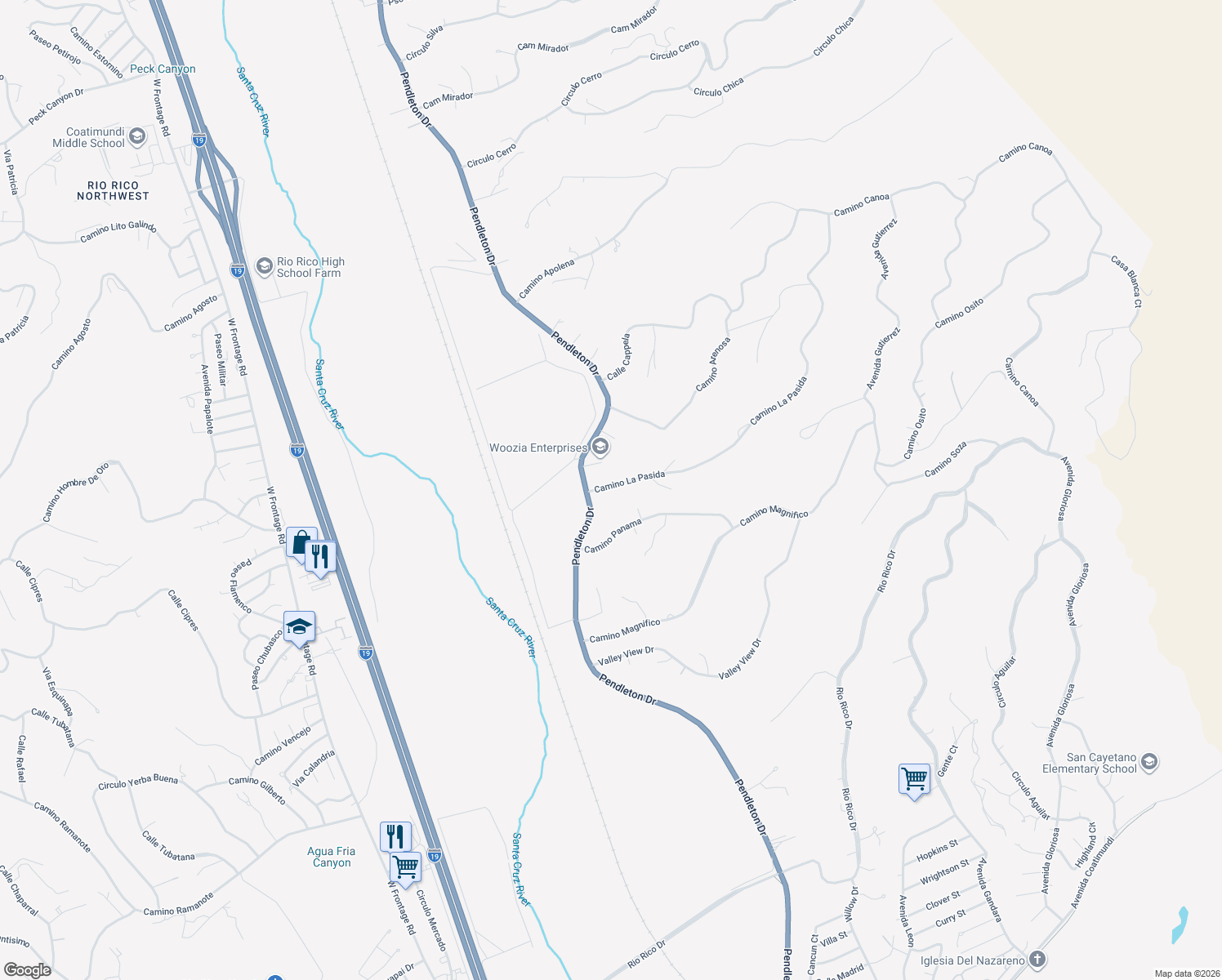 map of restaurants, bars, coffee shops, grocery stores, and more near 277 Camino La Pasida in Rio Rico