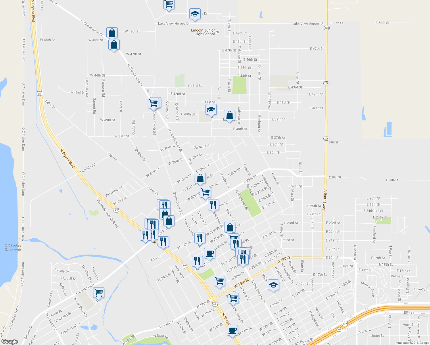 map of restaurants, bars, coffee shops, grocery stores, and more near 80 East 31st Street in San Angelo