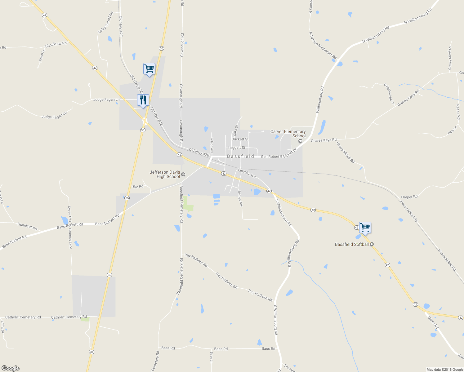 map of restaurants, bars, coffee shops, grocery stores, and more near Washington Avenue in Bassfield