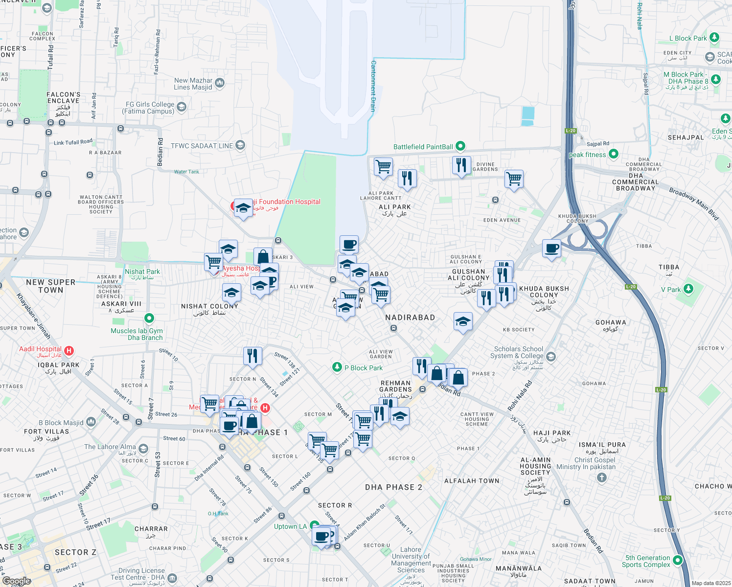 map of restaurants, bars, coffee shops, grocery stores, and more near Bedian Road in Lahore