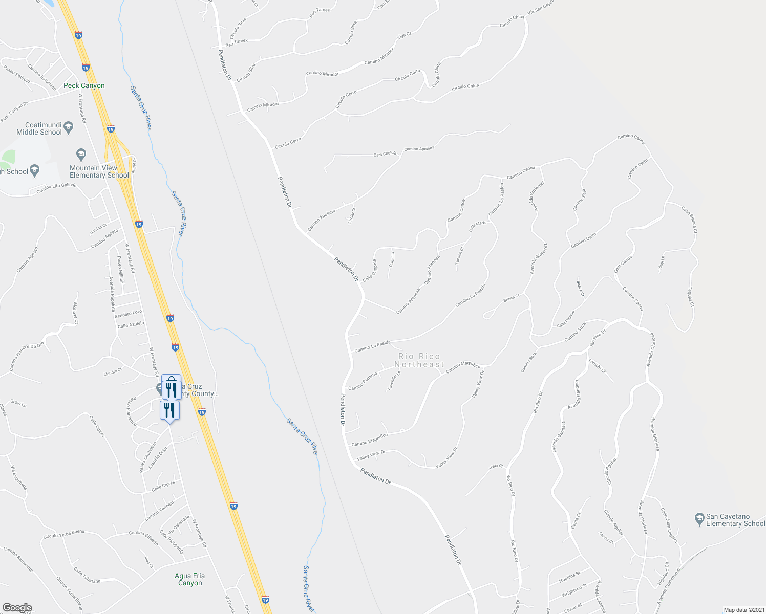 map of restaurants, bars, coffee shops, grocery stores, and more near 217 Camino Arenosa in Rio Rico