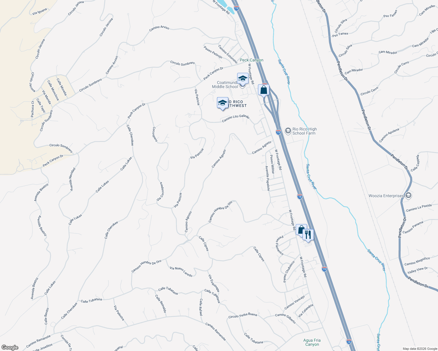map of restaurants, bars, coffee shops, grocery stores, and more near 487 Camino Agosto in Rio Rico
