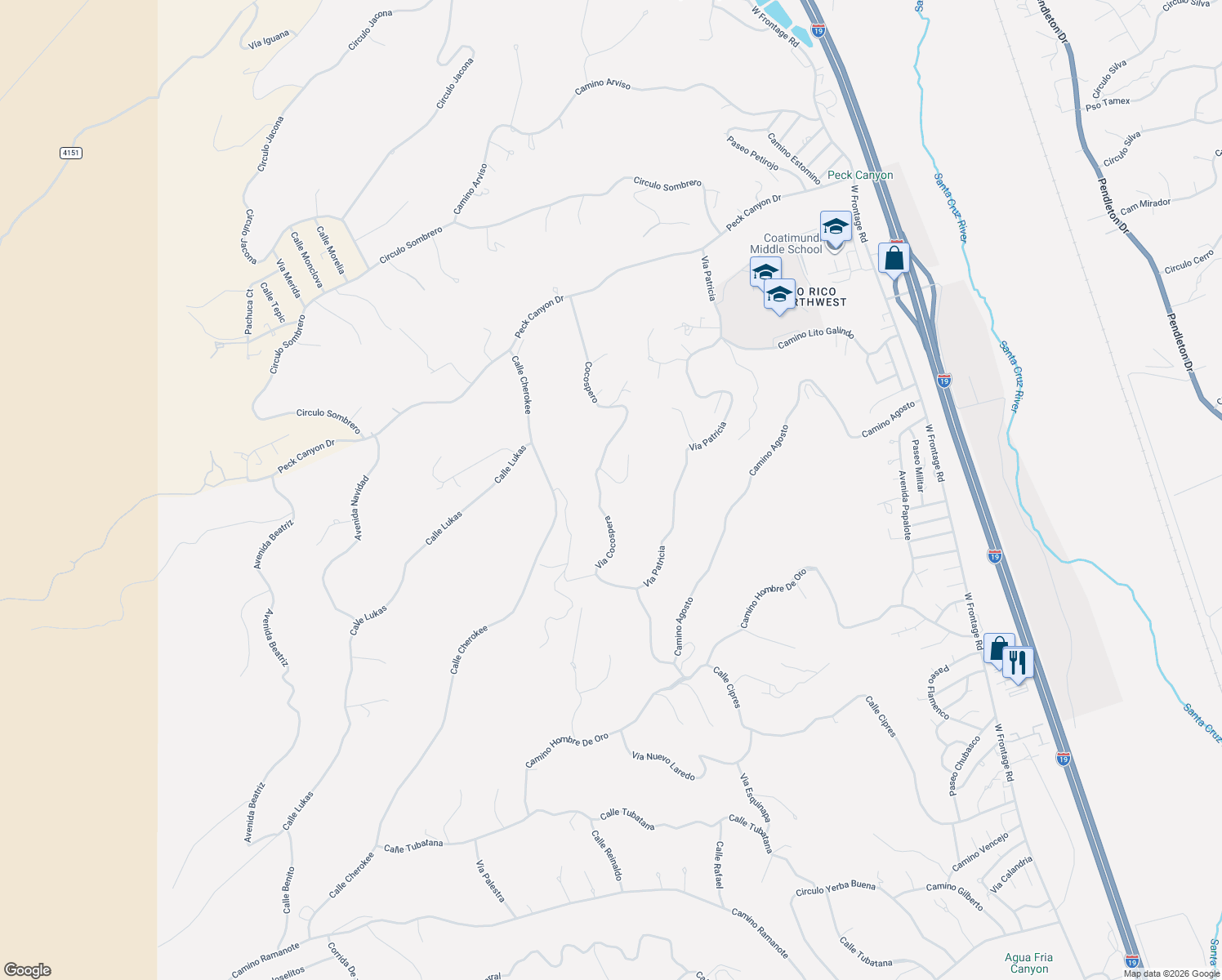map of restaurants, bars, coffee shops, grocery stores, and more near 604 Via Cocospera in Rio Rico