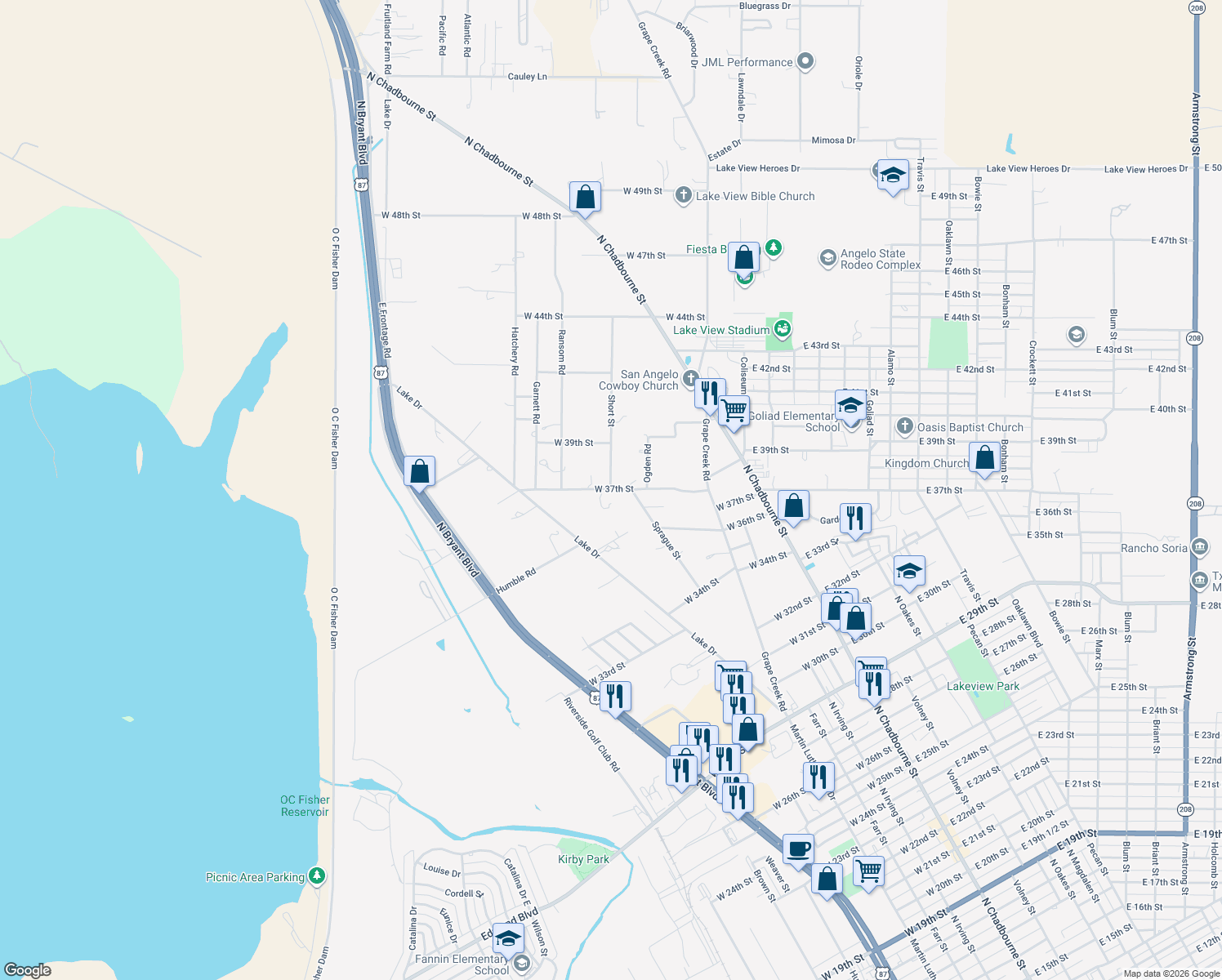 map of restaurants, bars, coffee shops, grocery stores, and more near 499 W 37th St in San Angelo