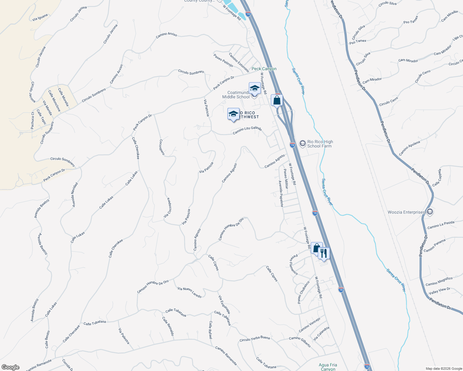 map of restaurants, bars, coffee shops, grocery stores, and more near 487 Camino Agosto in Rio Rico