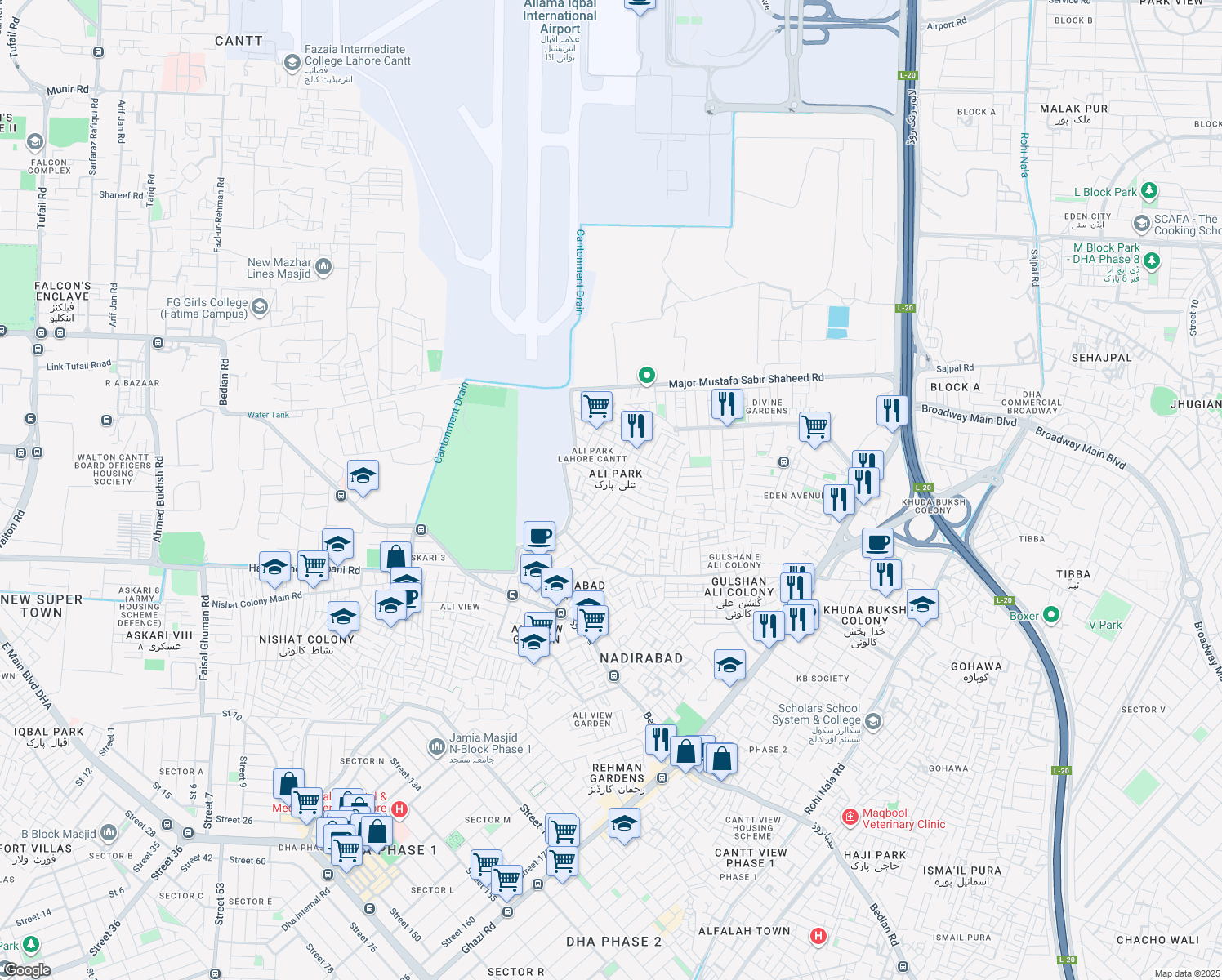 map of restaurants, bars, coffee shops, grocery stores, and more near Bilal Street in Lahore