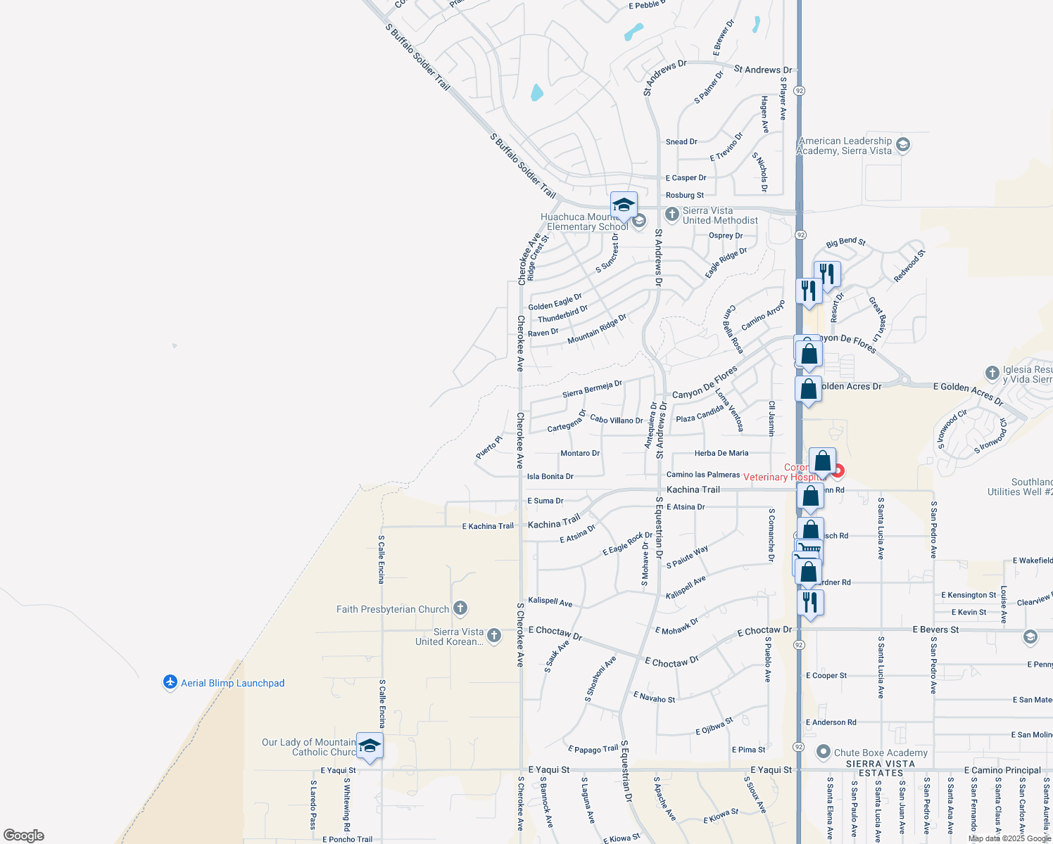 map of restaurants, bars, coffee shops, grocery stores, and more near 3838 Cabo Cope Drive in Sierra Vista