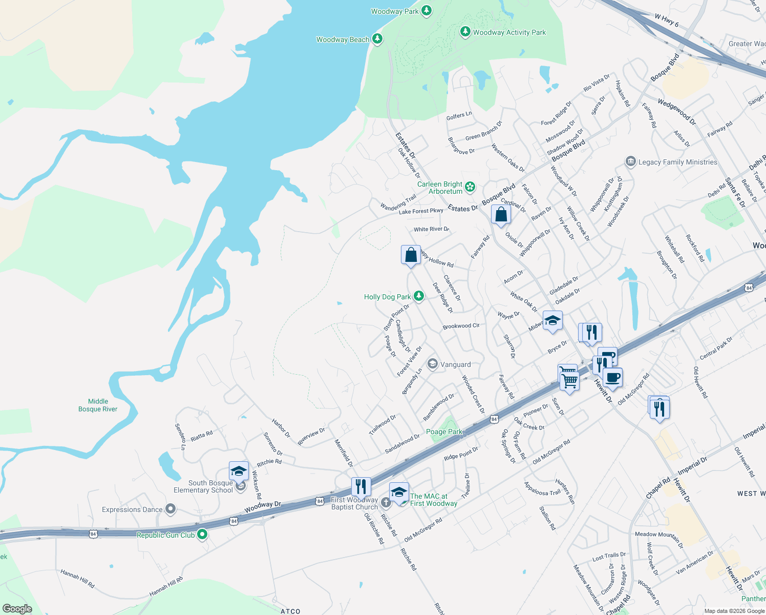 map of restaurants, bars, coffee shops, grocery stores, and more near 810 Forest Oaks Cir in Waco