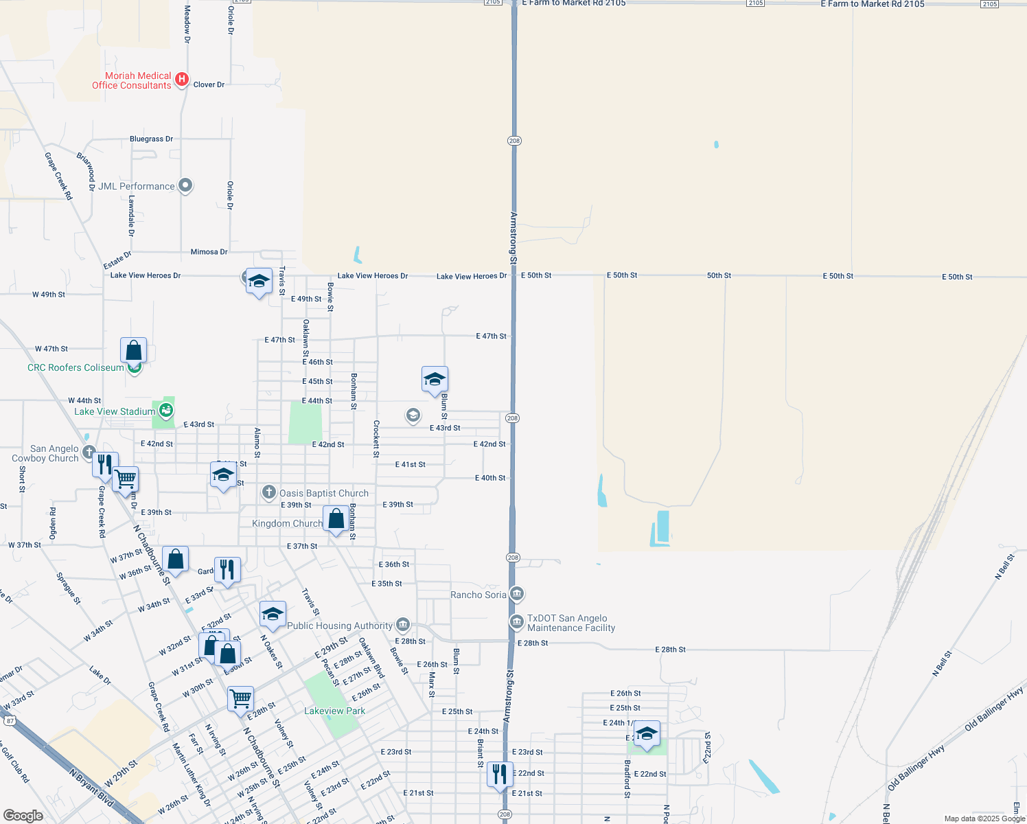 map of restaurants, bars, coffee shops, grocery stores, and more near 1199 E 44th St in San Angelo