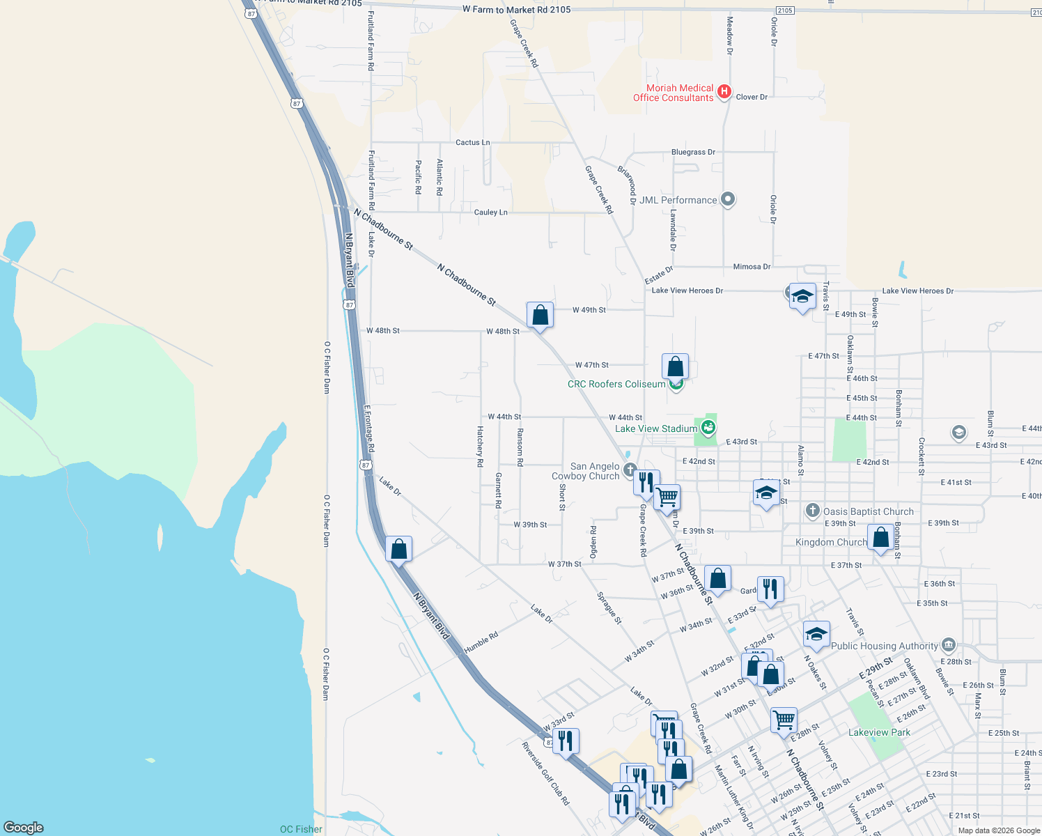map of restaurants, bars, coffee shops, grocery stores, and more near 4399 Ransom Rd in San Angelo