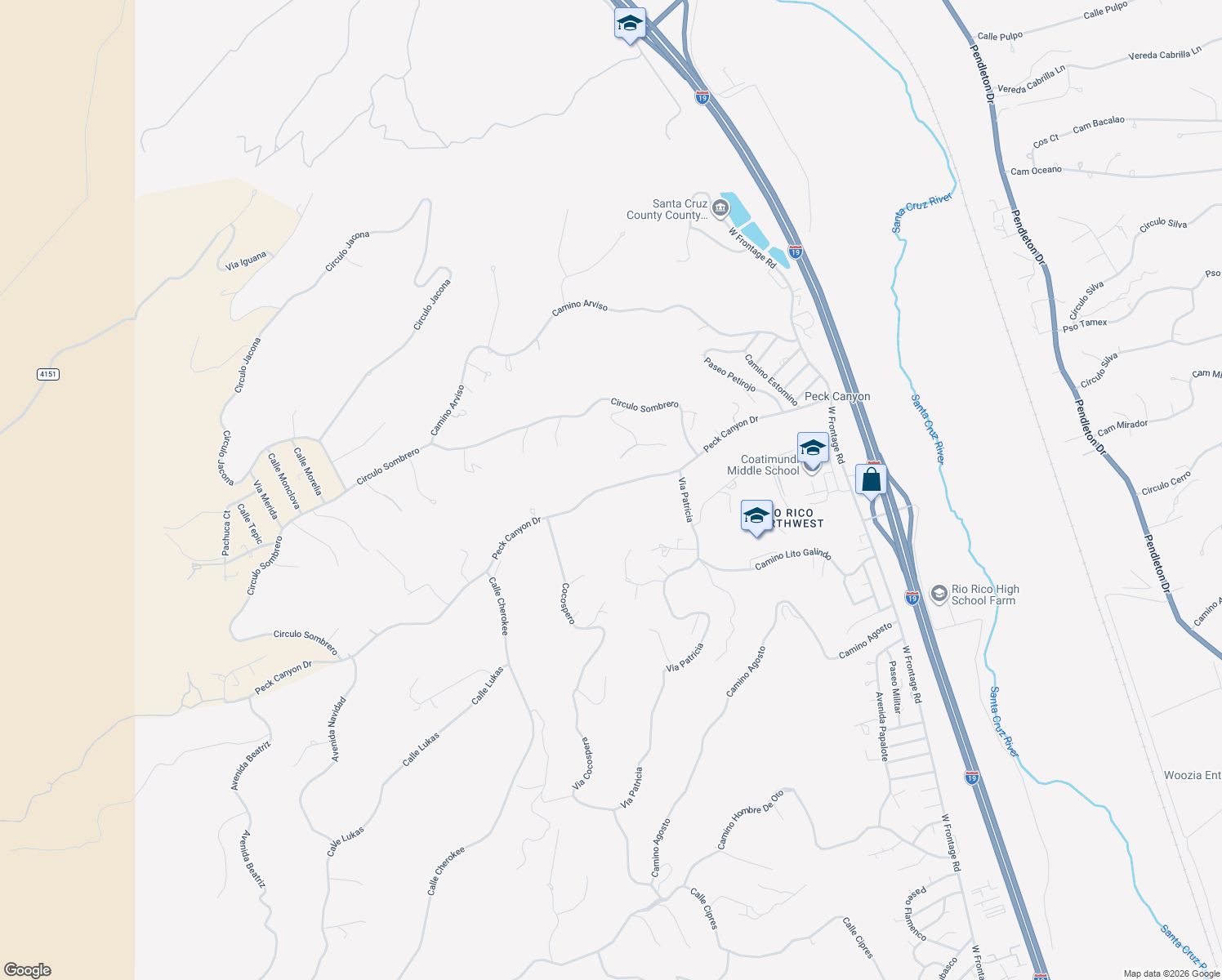 map of restaurants, bars, coffee shops, grocery stores, and more near 622 Peck Canyon Drive in Rio Rico