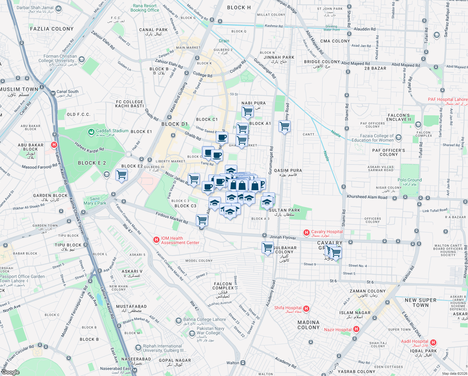 map of restaurants, bars, coffee shops, grocery stores, and more near Mian Mehmood Ali Kasoori Road in Lahore