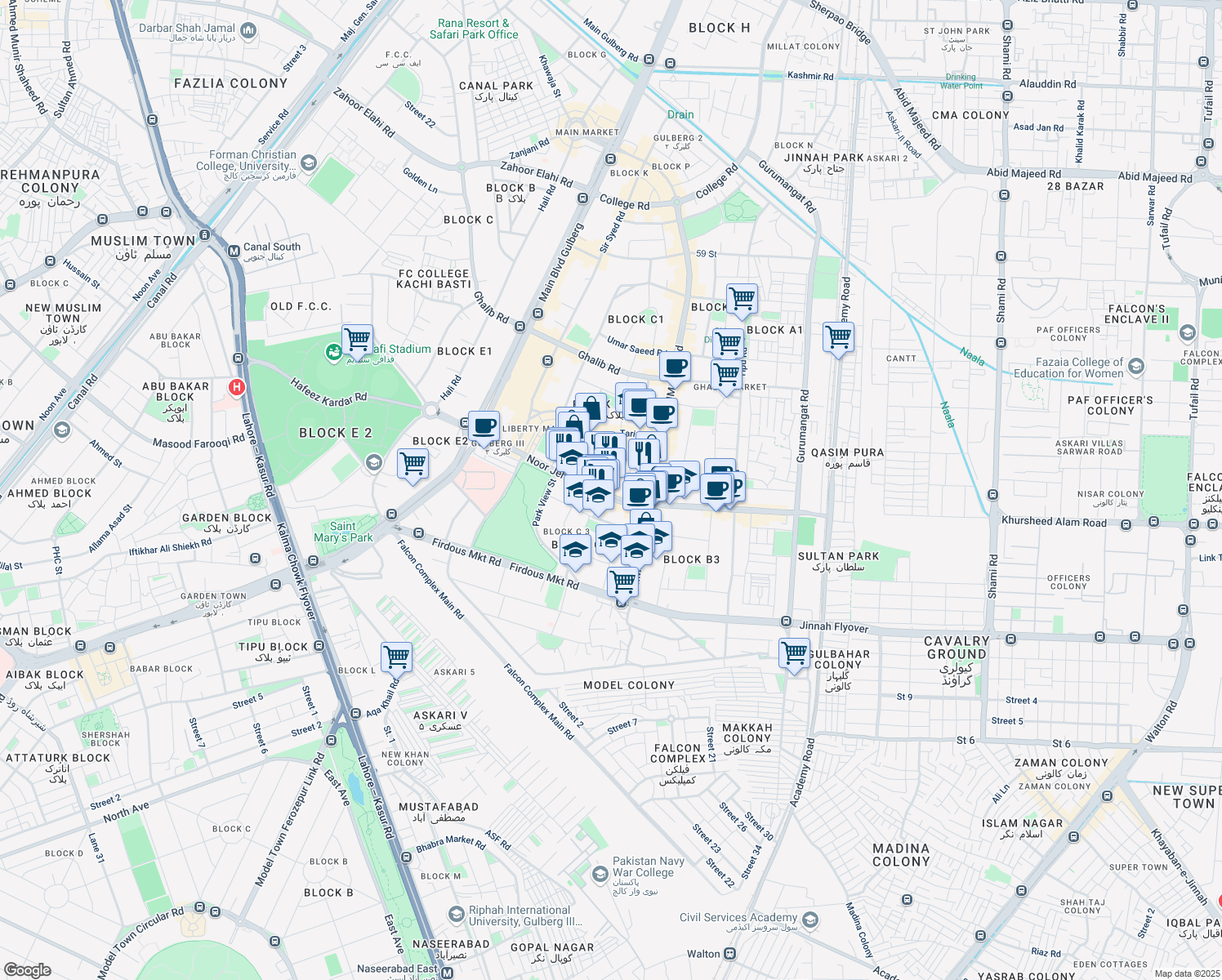 map of restaurants, bars, coffee shops, grocery stores, and more near Noor Jehan Road in Lahore