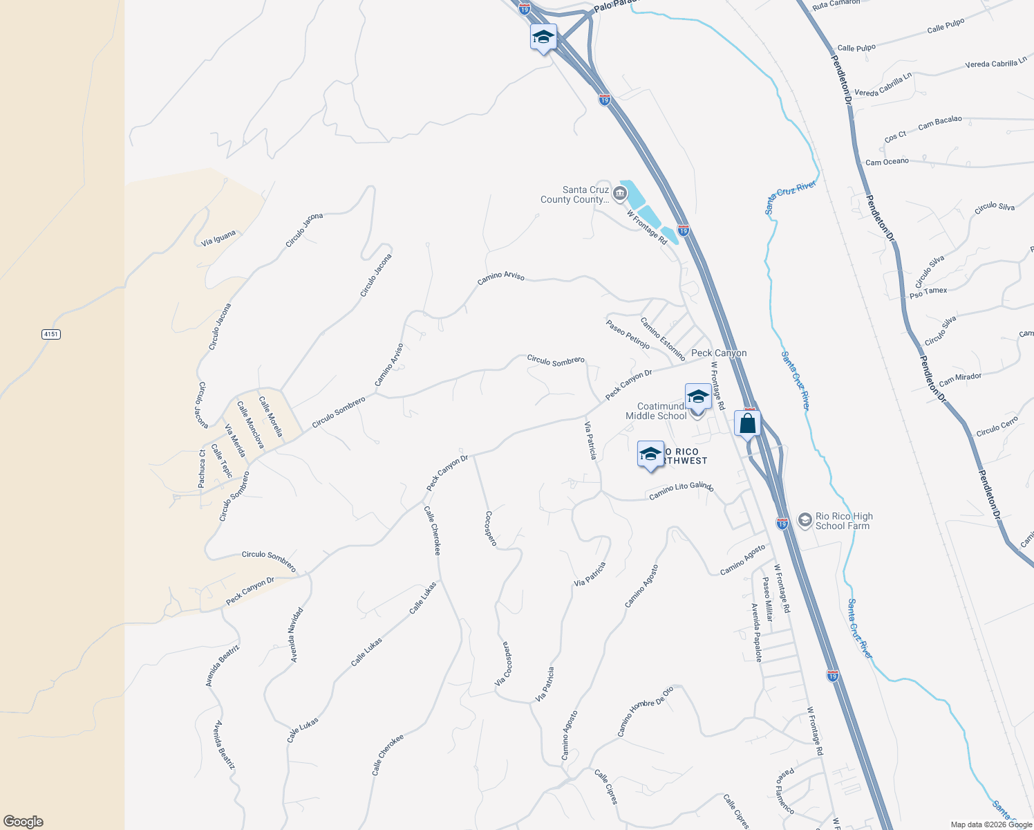 map of restaurants, bars, coffee shops, grocery stores, and more near 622 Peck Canyon Drive in Rio Rico