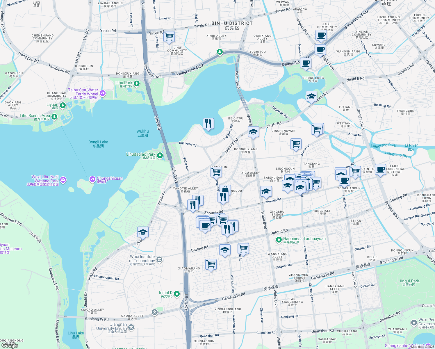 map of restaurants, bars, coffee shops, grocery stores, and more near in Wuxi