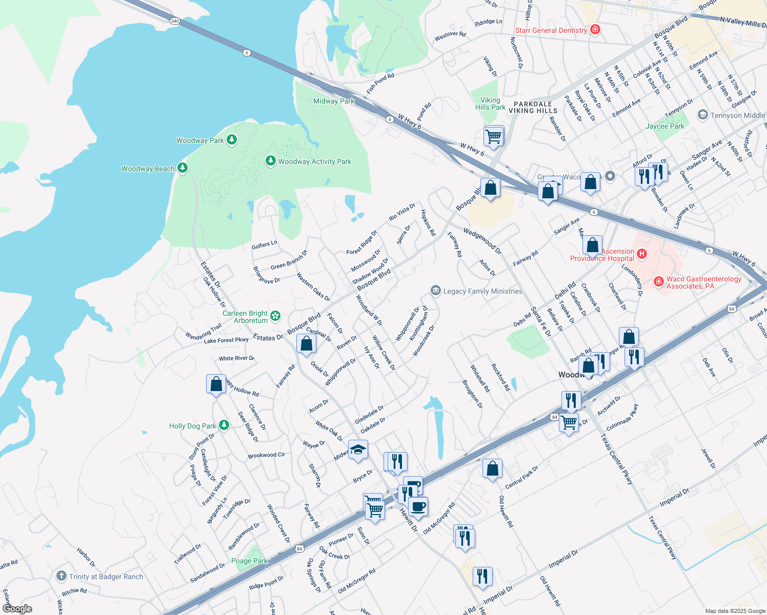 map of restaurants, bars, coffee shops, grocery stores, and more near 16 Sugar Creek Place in Waco