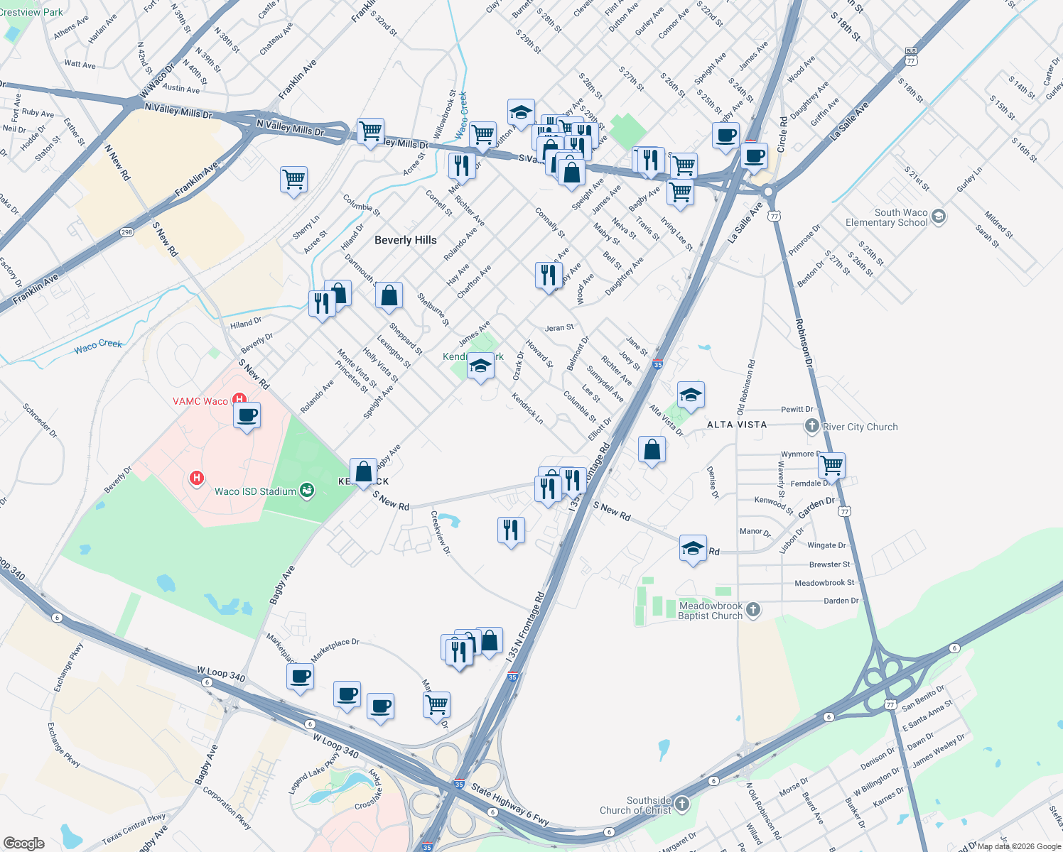 map of restaurants, bars, coffee shops, grocery stores, and more near 2113 Kendrick Ln in Waco