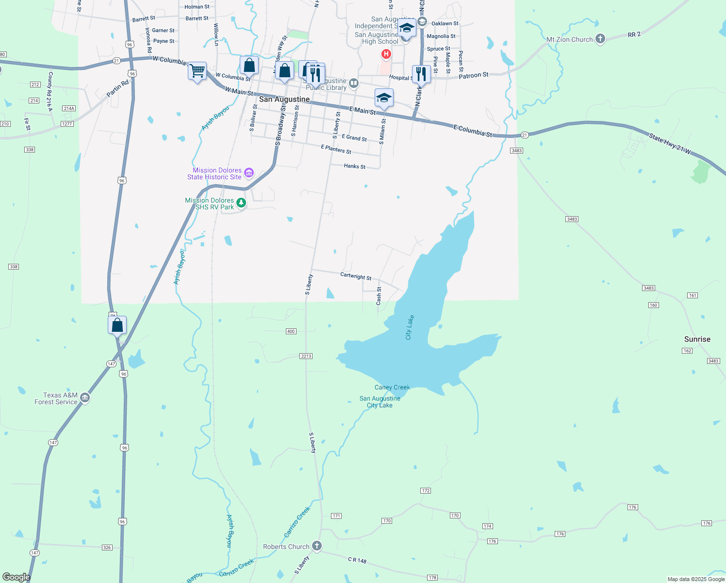 map of restaurants, bars, coffee shops, grocery stores, and more near 207 Thomas Lane in San Augustine
