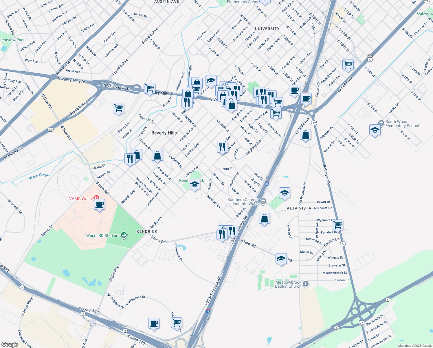 map of restaurants, bars, coffee shops, grocery stores, and more near 1904 Howard Street in Waco
