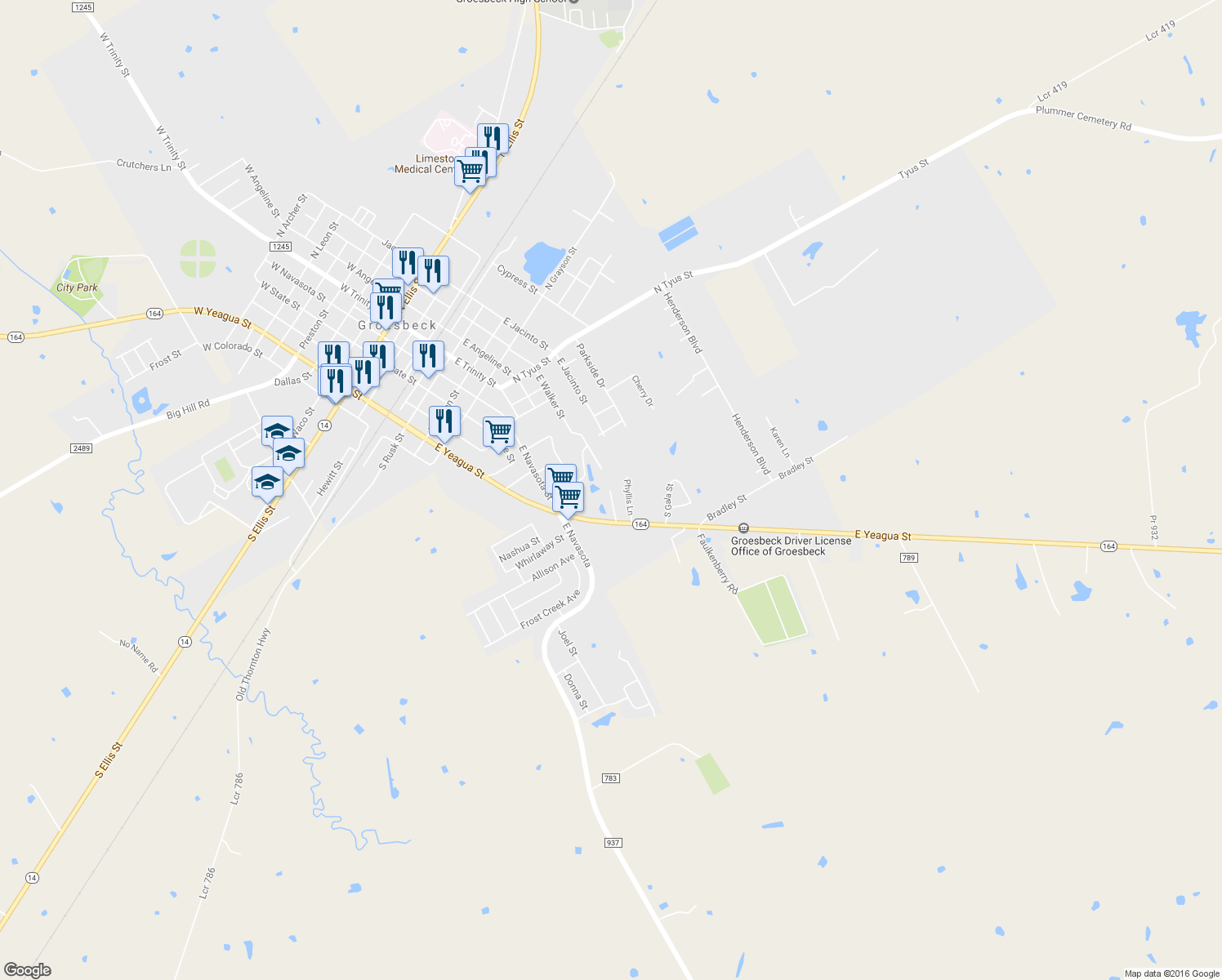 map of restaurants, bars, coffee shops, grocery stores, and more near 909 Willow Pond Road in Groesbeck