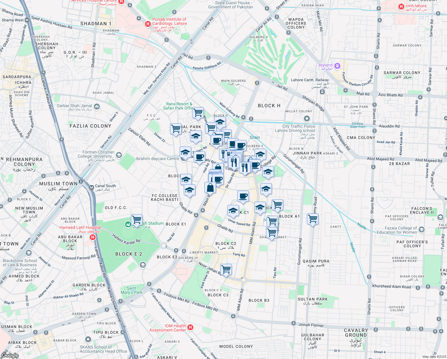 map of restaurants, bars, coffee shops, grocery stores, and more near Sir Syed Road in Lahore