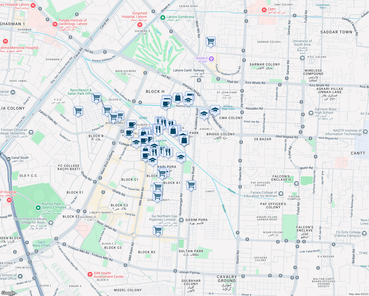 map of restaurants, bars, coffee shops, grocery stores, and more near Mayo Gardens Road in Lahore