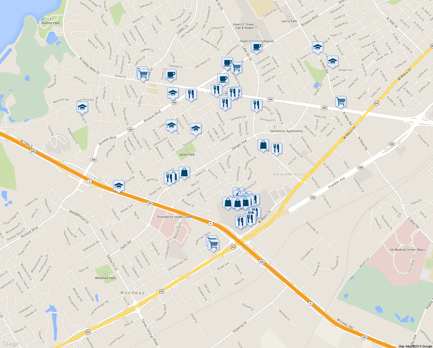 map of restaurants, bars, coffee shops, grocery stores, and more near 531 N 62nd St in Waco