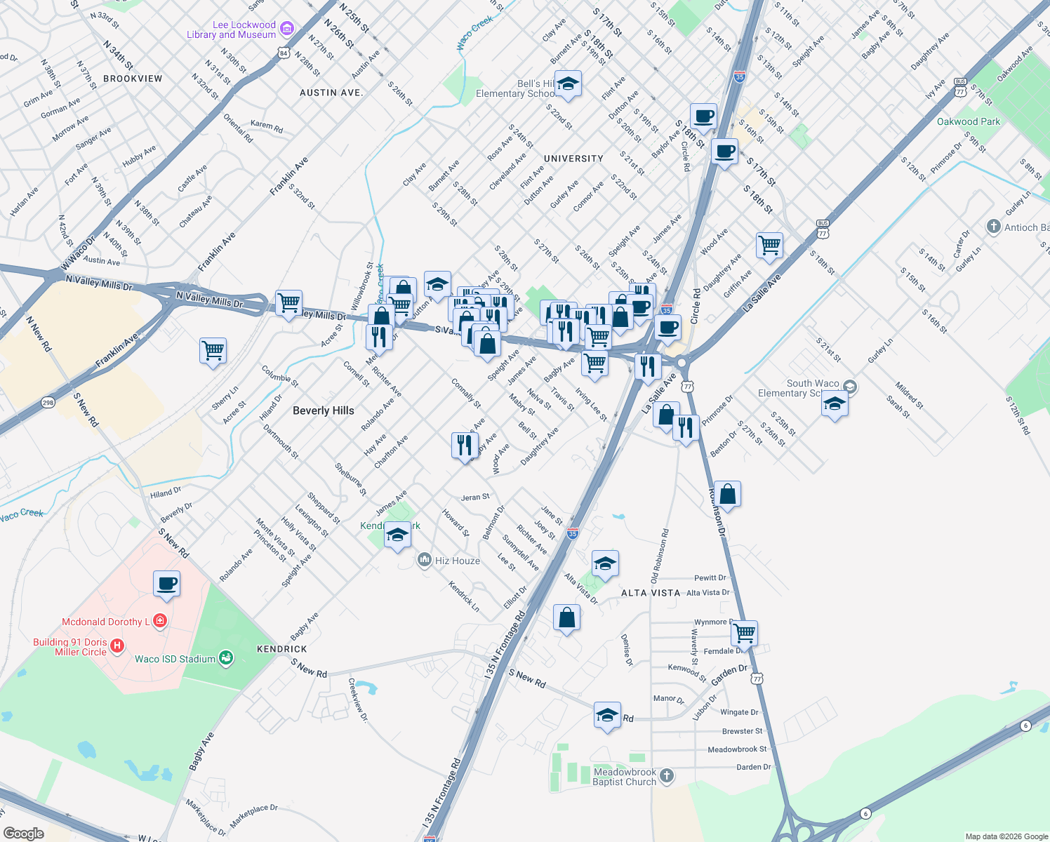 map of restaurants, bars, coffee shops, grocery stores, and more near 1812 Bell Street in Waco