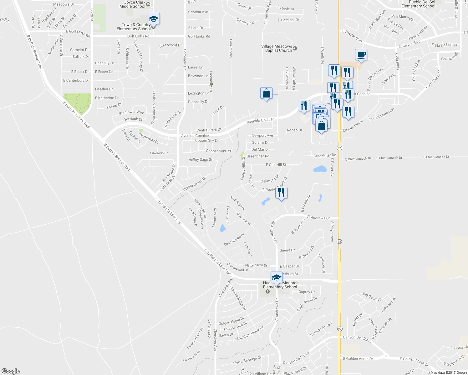 map of restaurants, bars, coffee shops, grocery stores, and more near 2659 Oakmont Drive in Sierra Vista