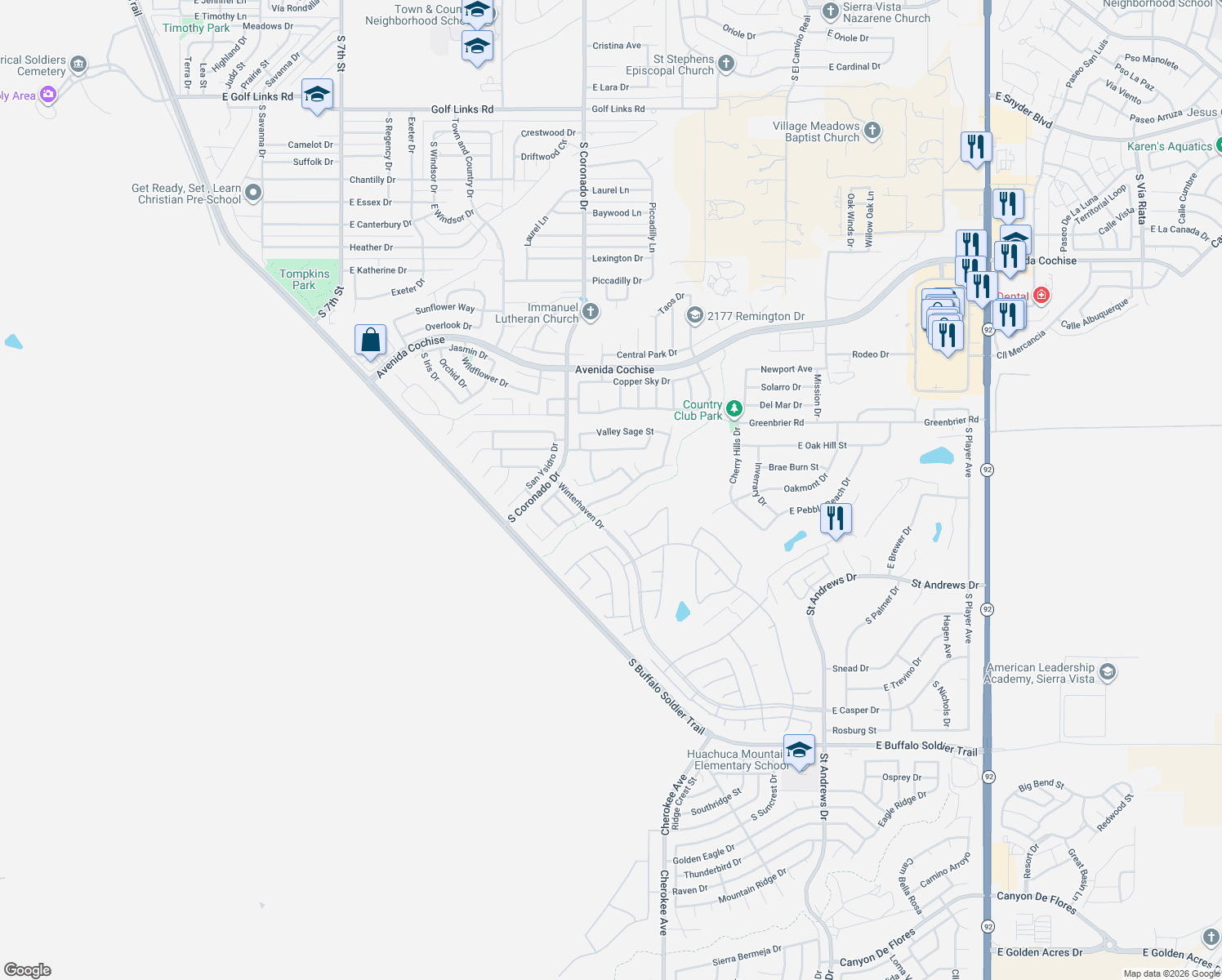 map of restaurants, bars, coffee shops, grocery stores, and more near 2115 Prairie Grass Drive in Sierra Vista