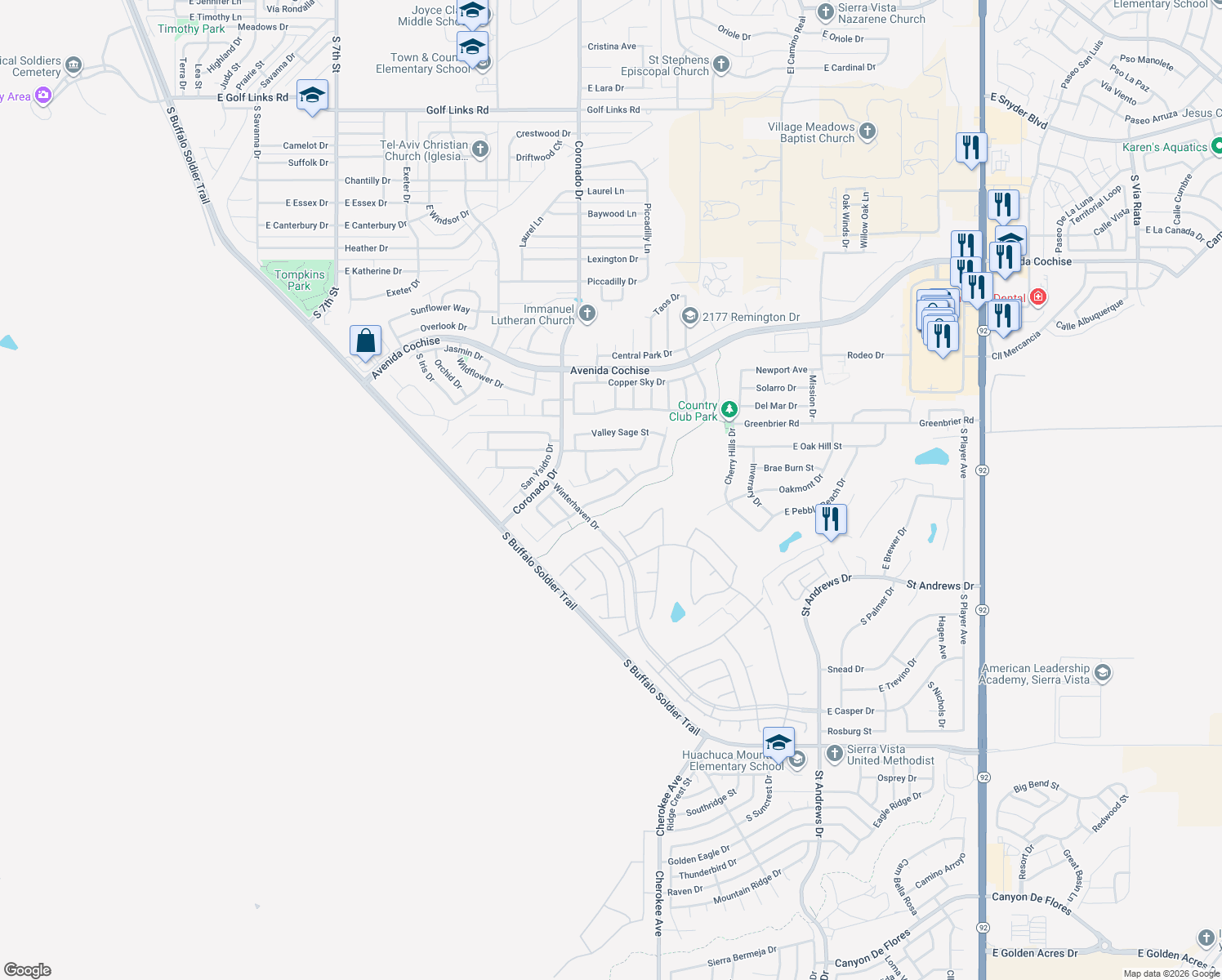 map of restaurants, bars, coffee shops, grocery stores, and more near 2137 Prairie Grass Drive in Sierra Vista