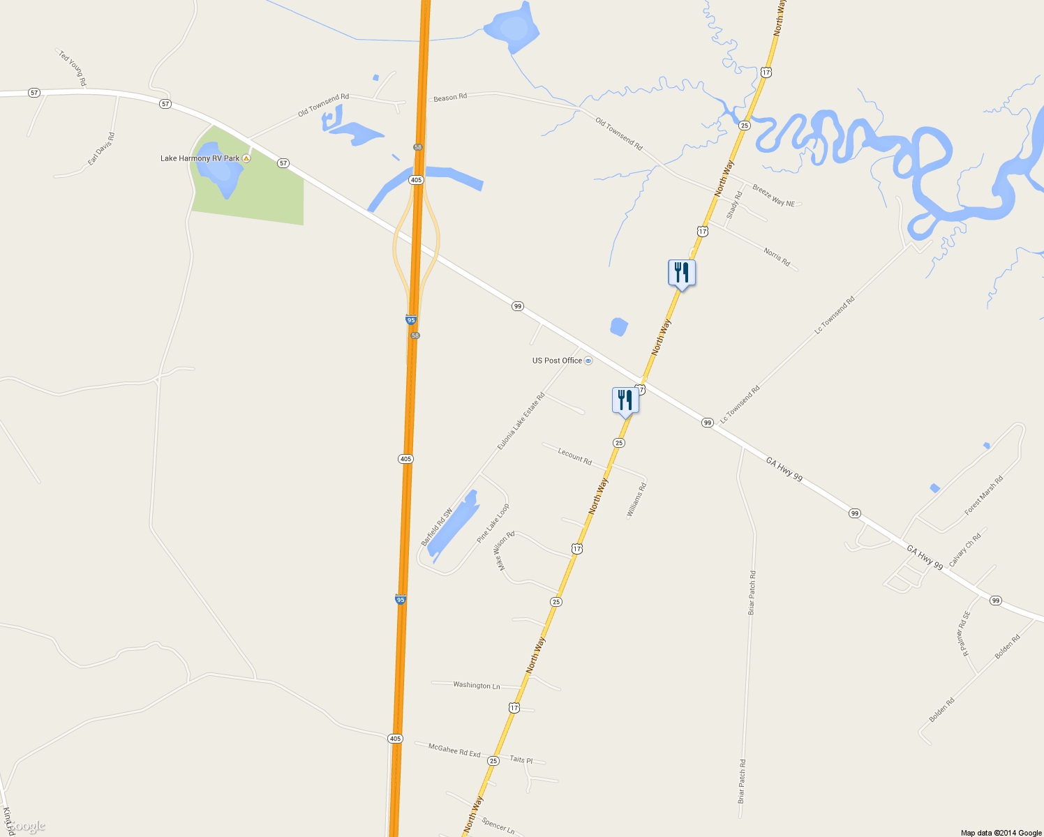 map of restaurants, bars, coffee shops, grocery stores, and more near Eulonia Lake Estate Road in Townsend