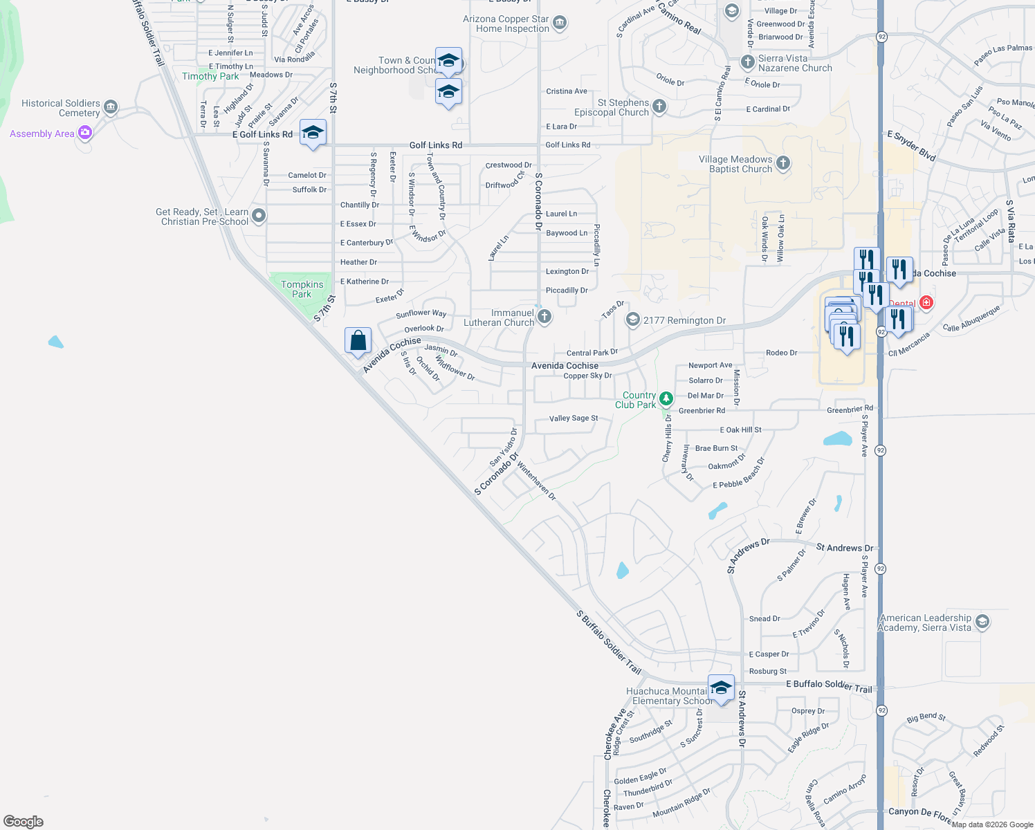 map of restaurants, bars, coffee shops, grocery stores, and more near 1897 Laguna Nigel Drive in Sierra Vista
