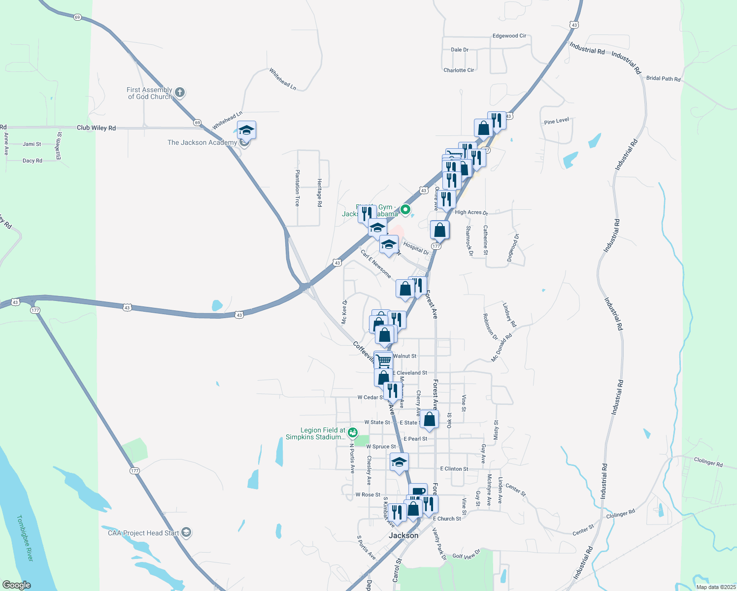 map of restaurants, bars, coffee shops, grocery stores, and more near 1498 Mckee Dr in Jackson